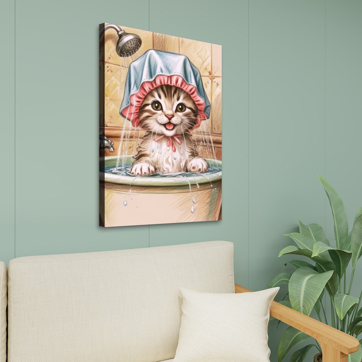 Vintage Kitten Bathroom Art Canvas Print Wall Art