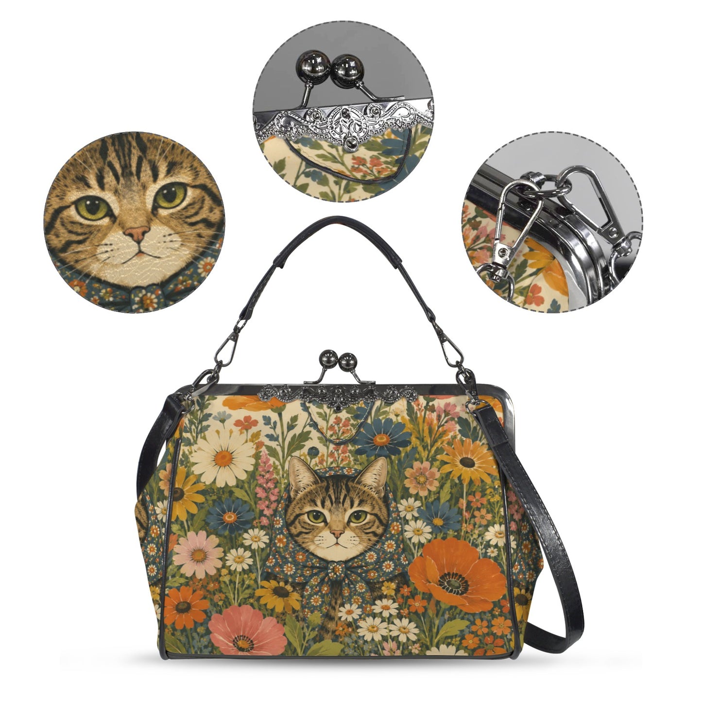 Babushka Cat Garden Peeper Vintage Style Kisslock Purse