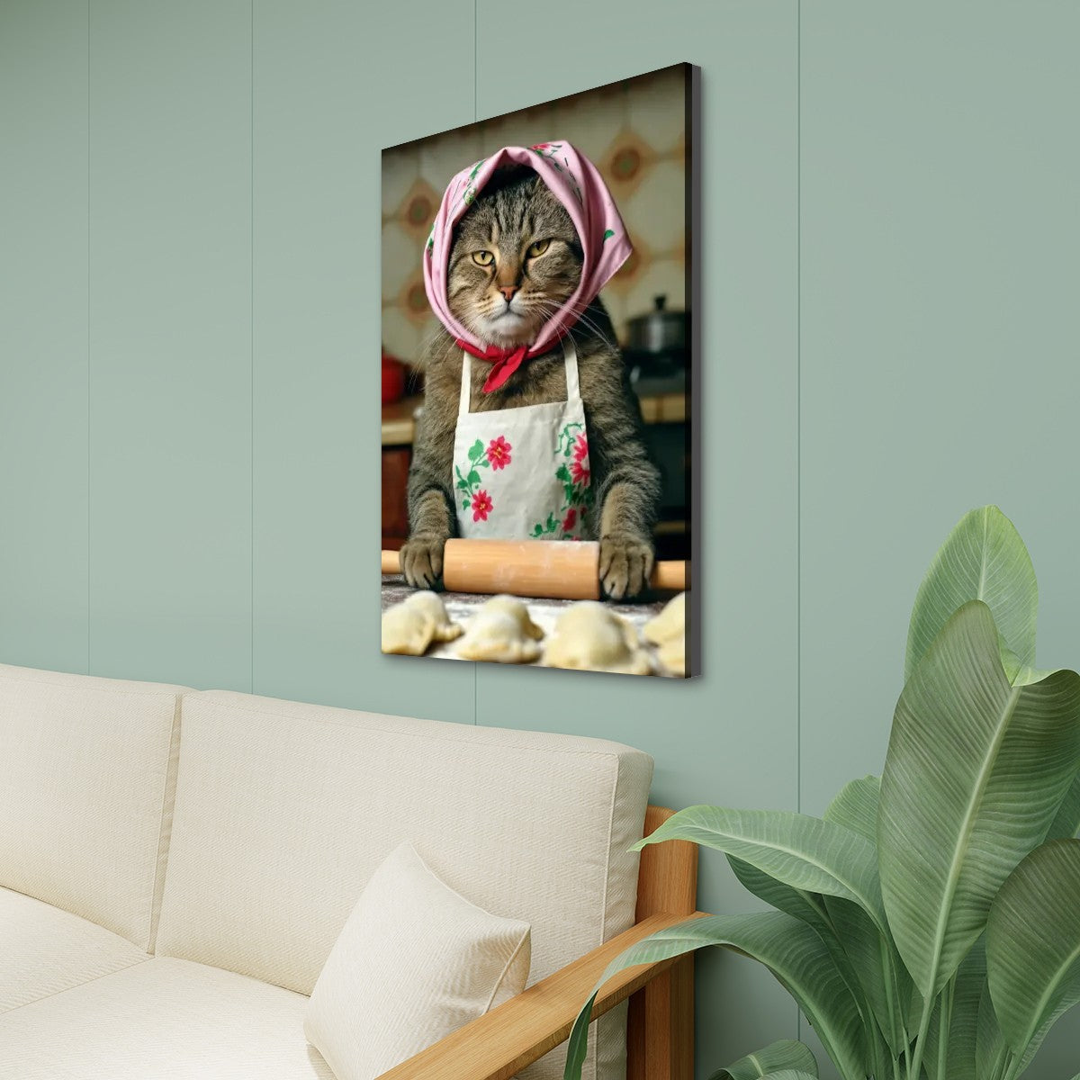 Babushka Cat Rolls Dough Canvas Print Wall Art