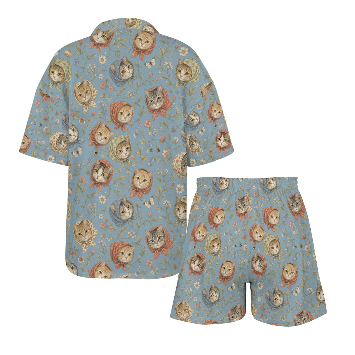 Babushka Cat Heads French Toile Women's V-Neck Short Pajama Set