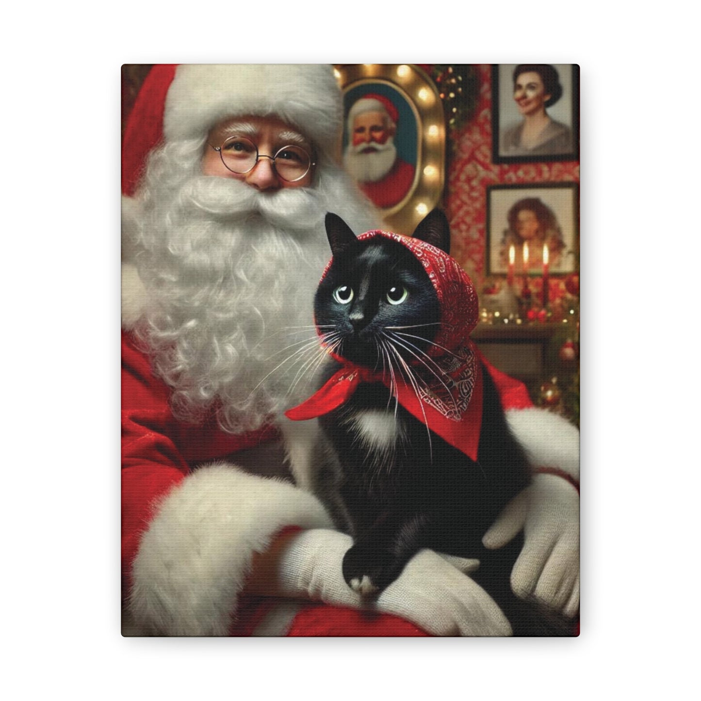 Christmas Babushka Cat, Black Cat Art, Kitty and Santa Kitschy Cat Wall Art, Canvas Wall Art, Nostalgic Art