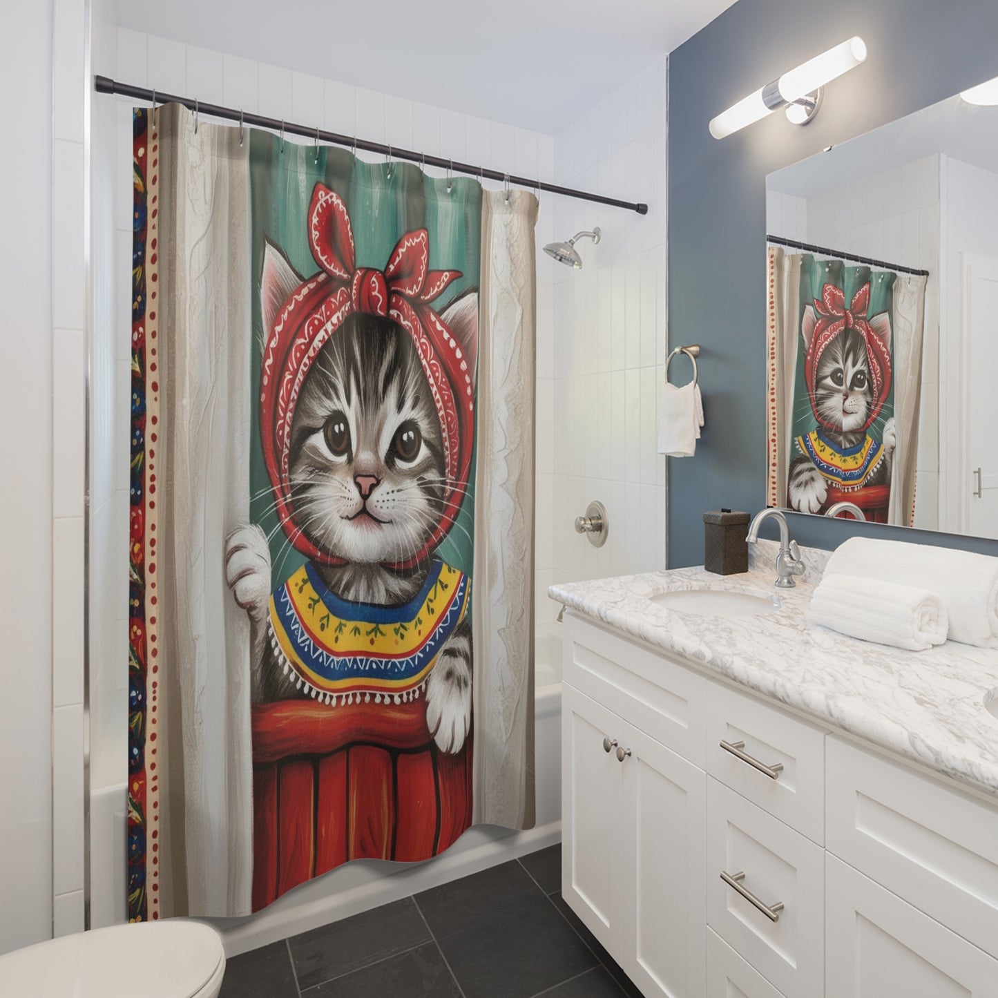 Vintage Kitten, Cat Theme Shower Curtains, Kitschy Bathroom Art