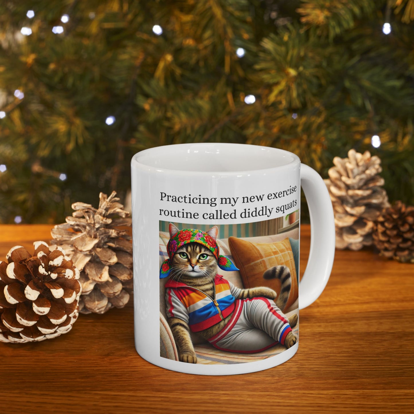 Babushka Cat Exercises, Funny Kitschy Ceramic Mug