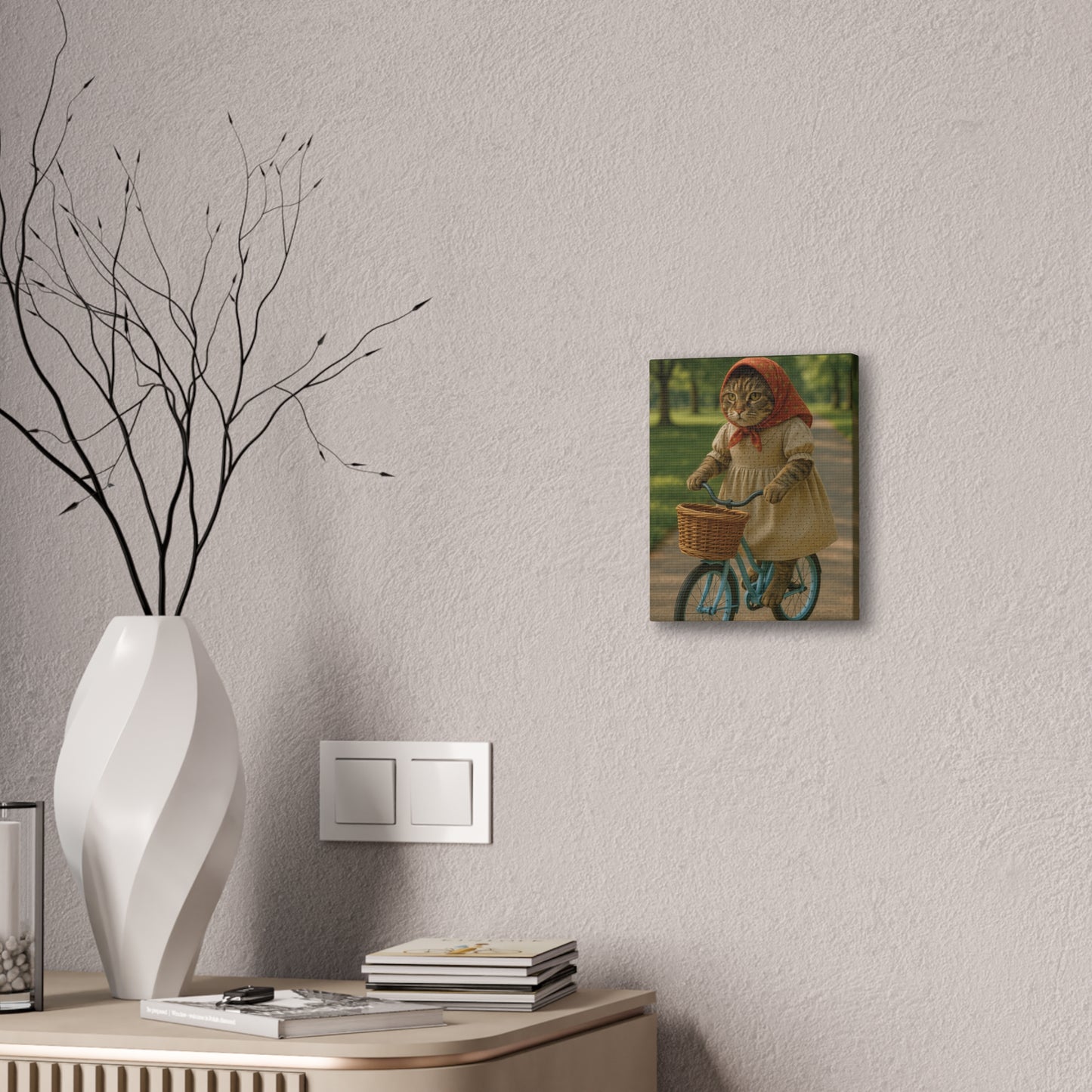 Babushka Cat Rides Her Bicycle Kitschy Cat Art Canvas