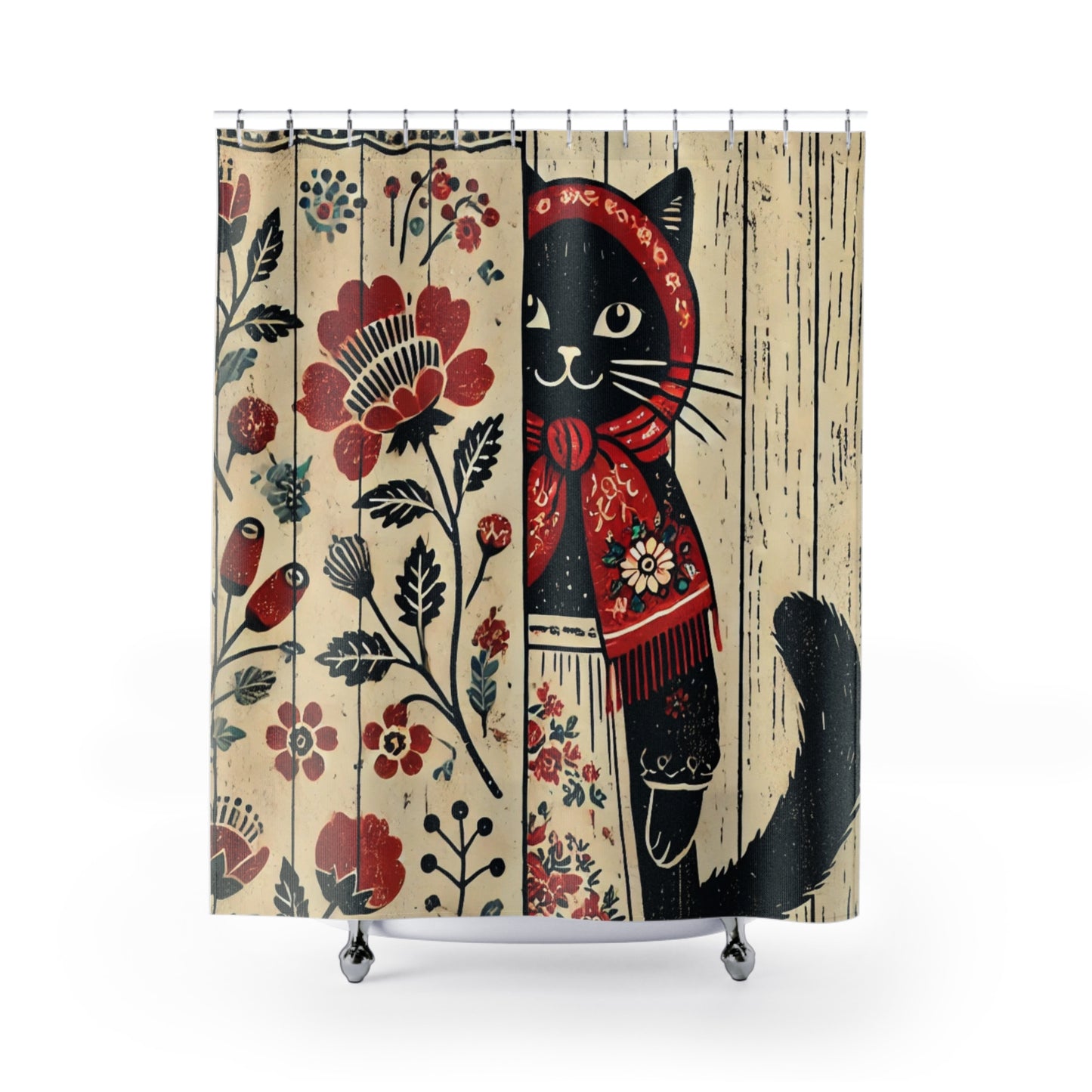 Babushka Cat, Primitive Art Cat Shower Curtains, Kitschy Bathroom Art
