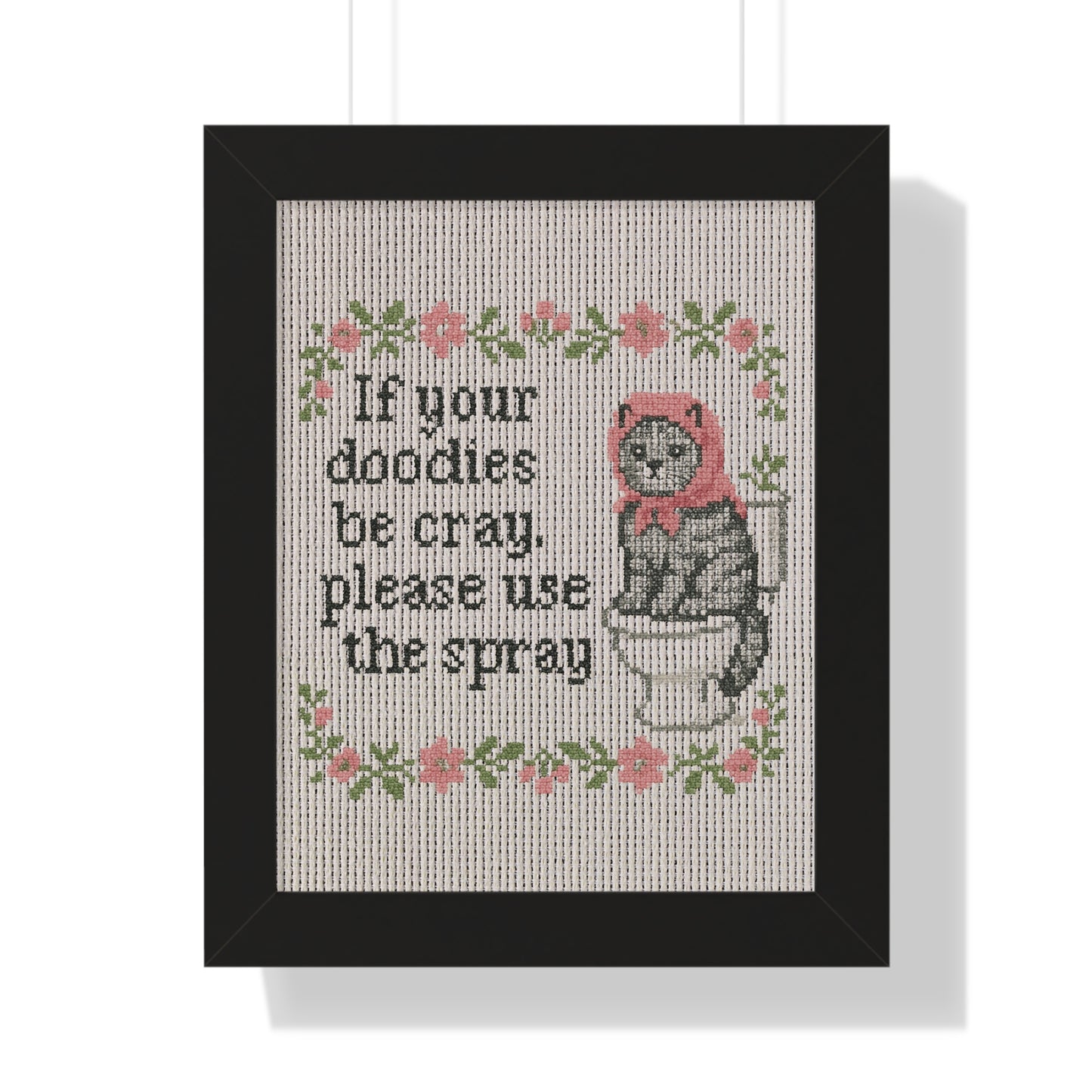 Babushka Cat Bathroom Faux Cross Stitch Poster Art for Home Decor