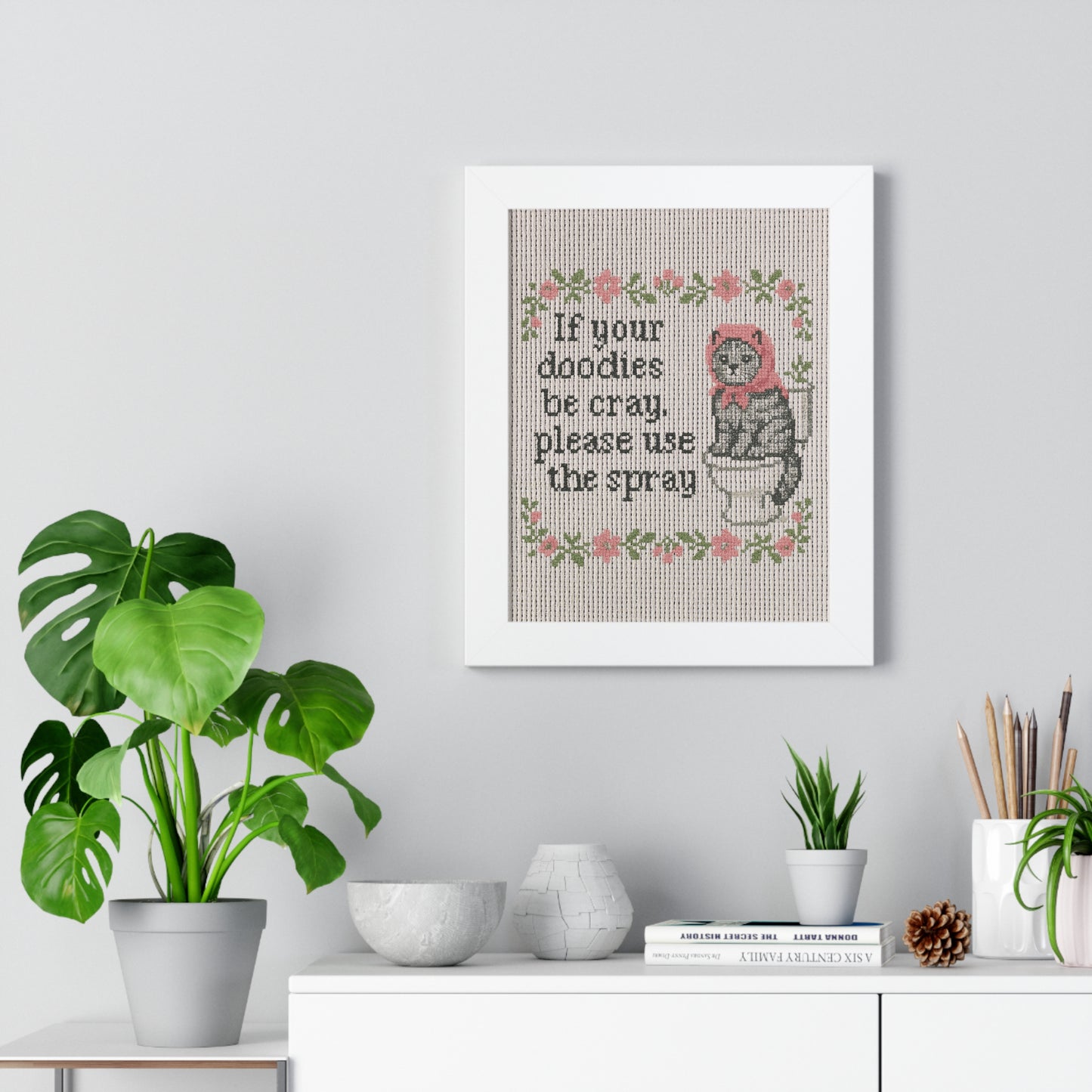 Babushka Cat Bathroom Faux Cross Stitch Poster Art for Home Decor