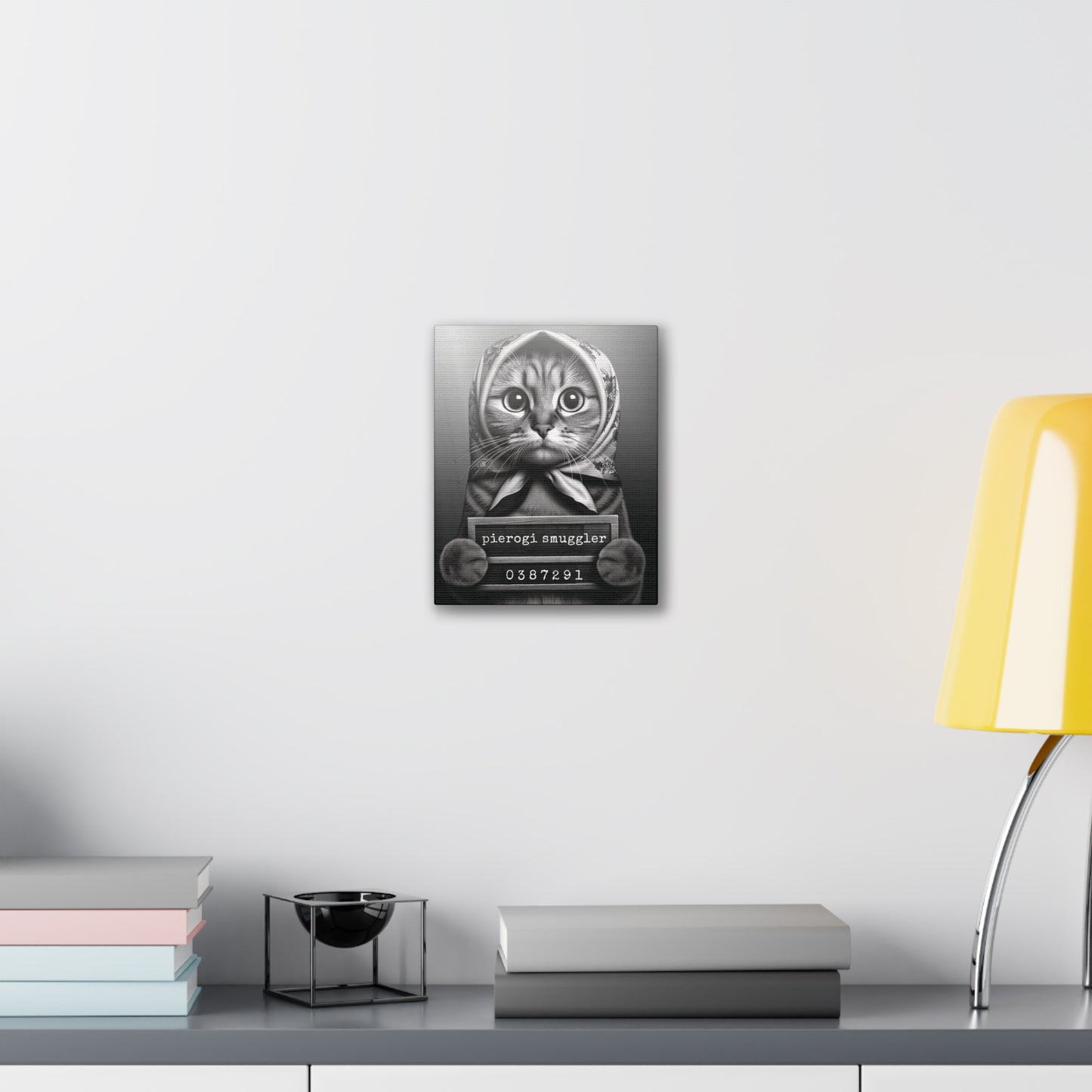 Babushka Cat Smug Shot, Pierogi Smuggler Black and White Wall Art