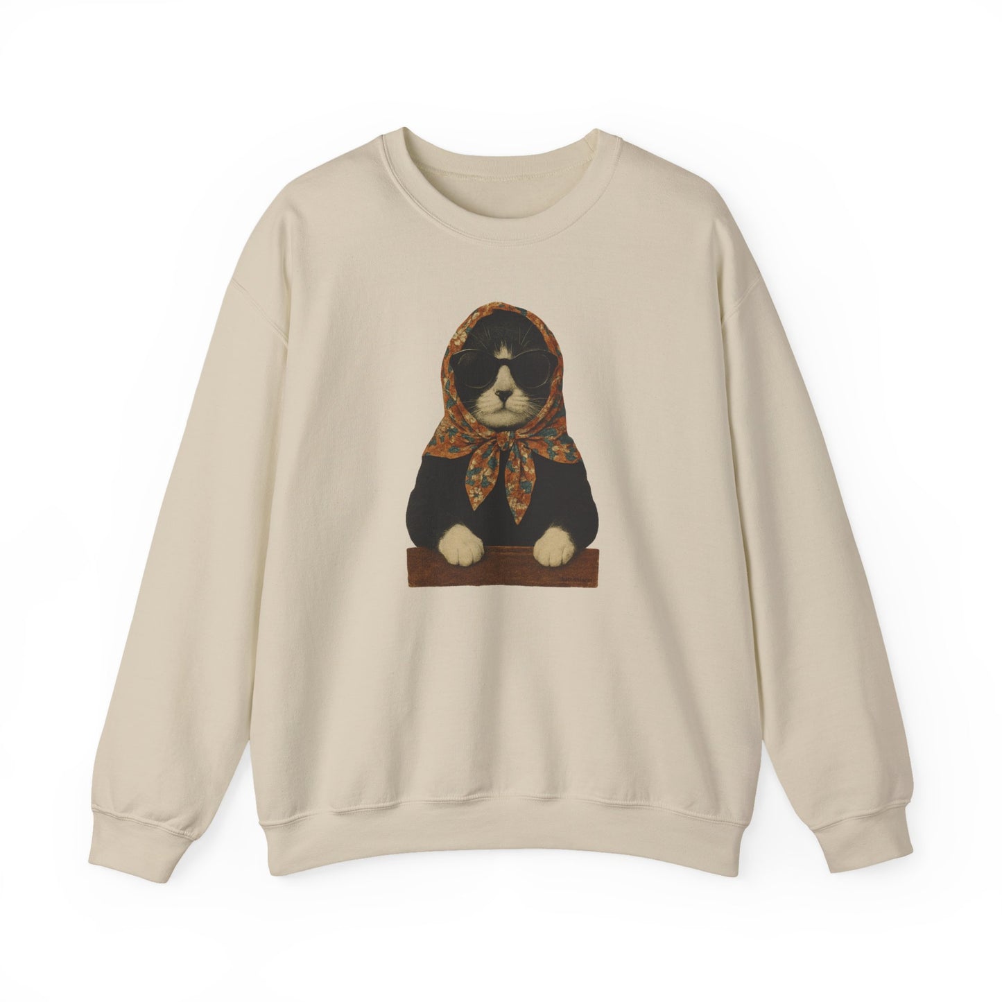 Babushka Cat, Tuxedo Cat Sweatshirt - Unisex Crewneck Pullover with Polish Cat Print