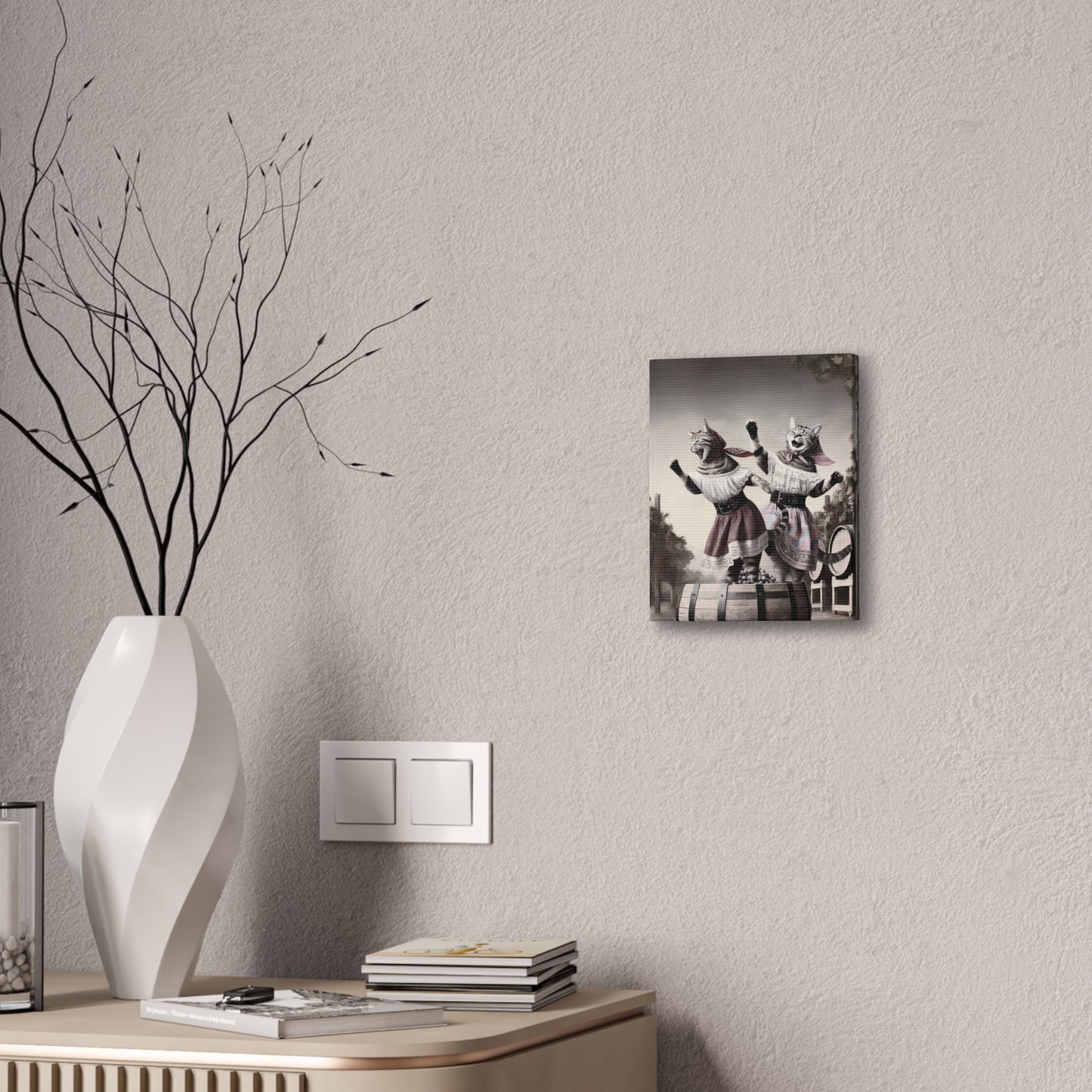 Babushka Cat Grape Stomps in Italy Kitschy Wall Art, Nostalgic TV Canvas Art