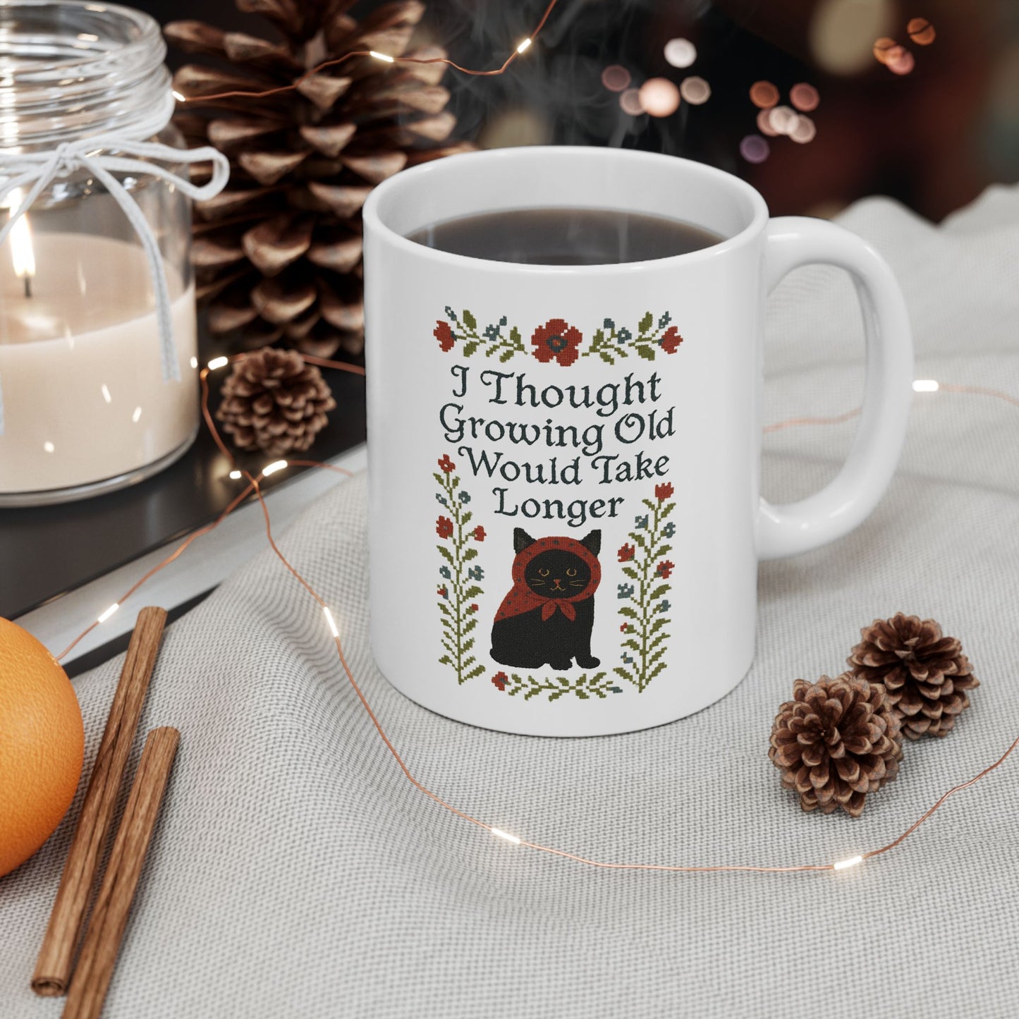 Babushka Black Cat Mug, Funny Aging Quote Cat Ceramic Mug - Faux Cross Stitch Look