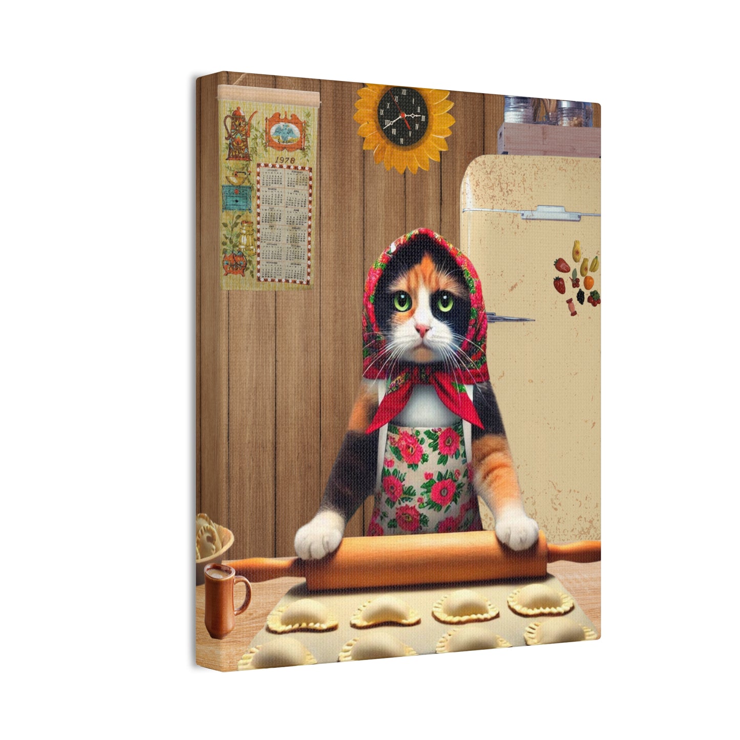 Babushka Cat Calico Kitty Proud Pierogi Maker, Kitschy Cat Art, Polish Cats