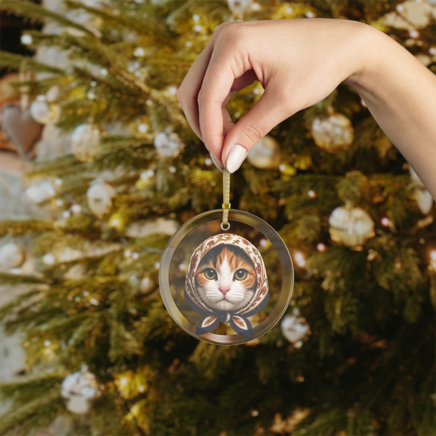 Babushka Calico Cat Glass Ornament