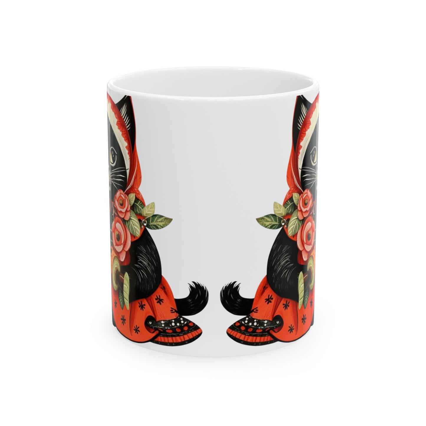 Black Babushka Cat Folk Art Style Cat Art Ceramic Mug