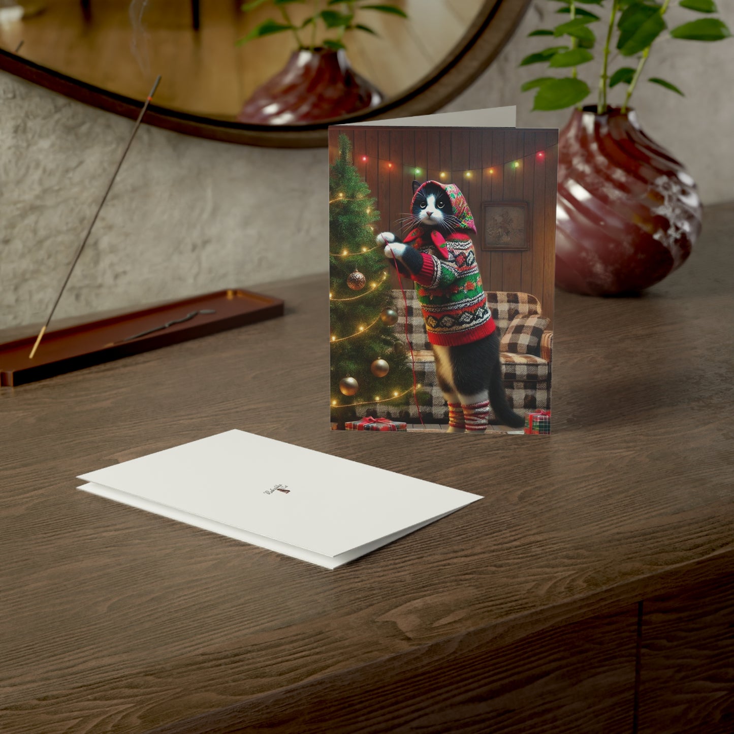 Babushka Cat, Tuxedo Cat, Christmas Greeting Cards Set of 10