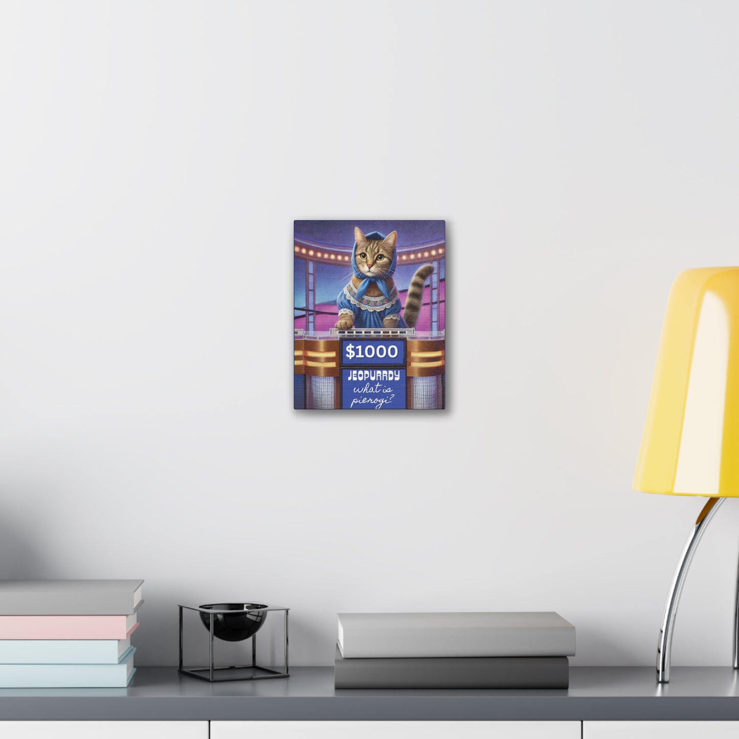 Babushka Cat Game Night, Fun Cat Art, Kitty on Gameshow, Kitschy Cat Kitchen Wall Art, Canvas Wall Art, Nostalgic Art