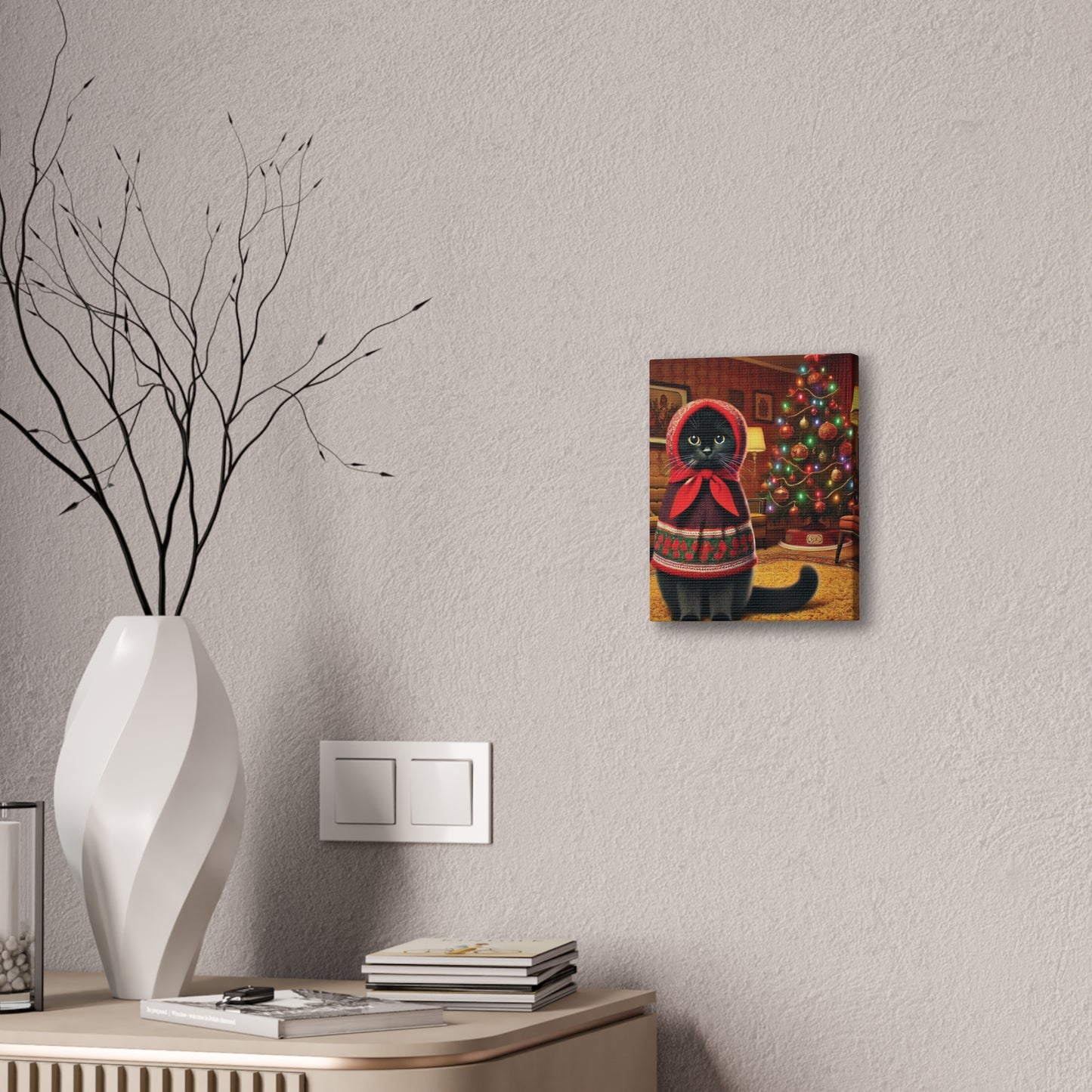 Babushka Black Cat Christmas 70's Art, Babushka Cat Kitschy Cat Wall Art, Canvas