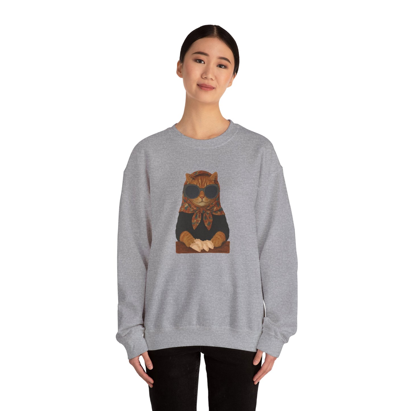 Babushka Cat Sweatshirt - Unisex Crewneck Pullover with Polish Cat Print