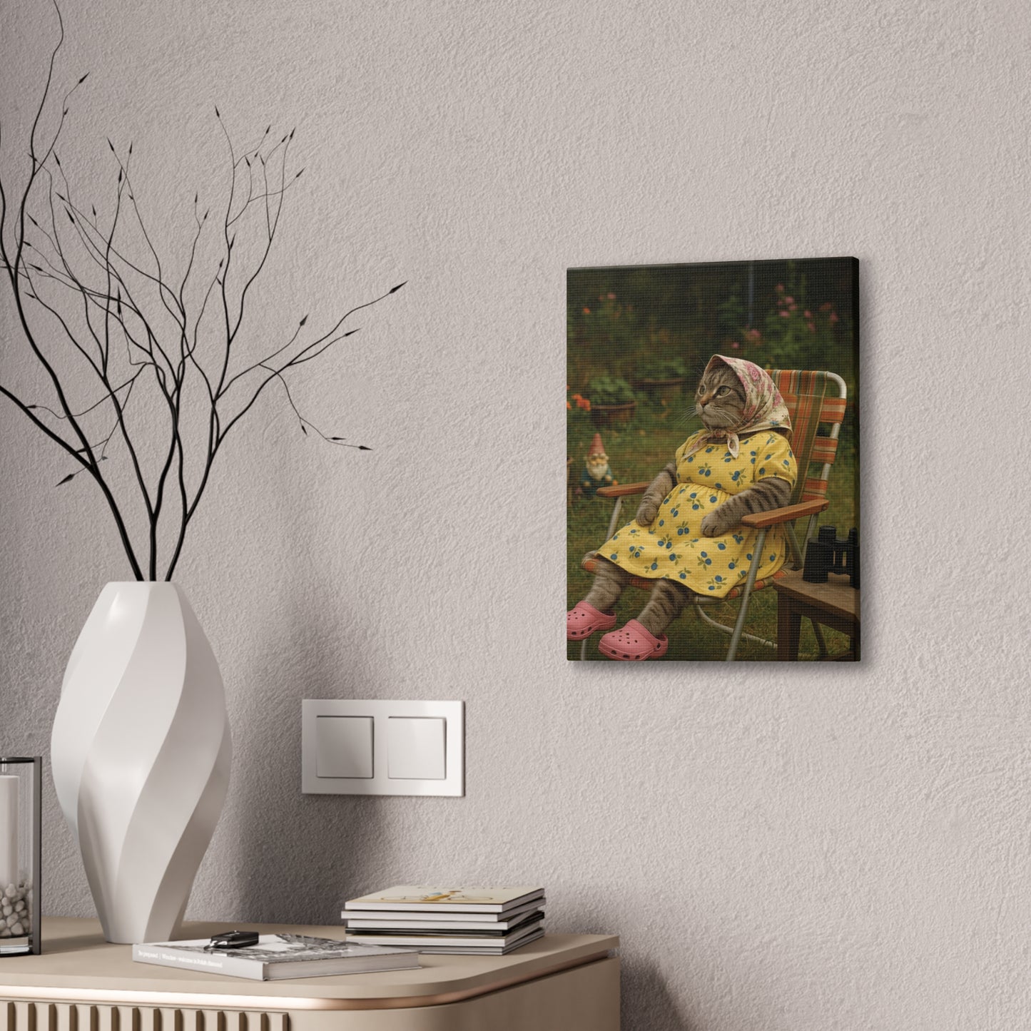 Babushka Cat Backyard Birding, Nostalgic Kitschy Cat Art Canvas