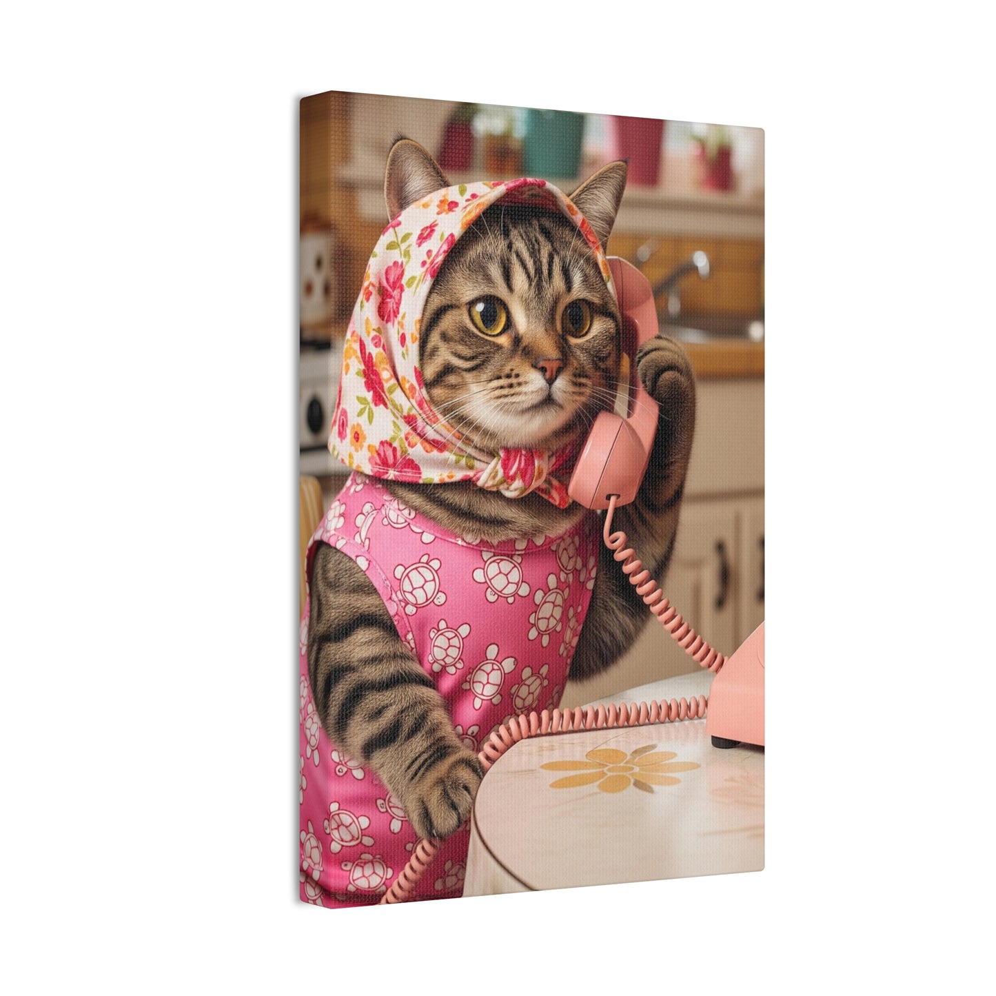 Babushka Cat Dials Up Kitschy Canvas Wall Art