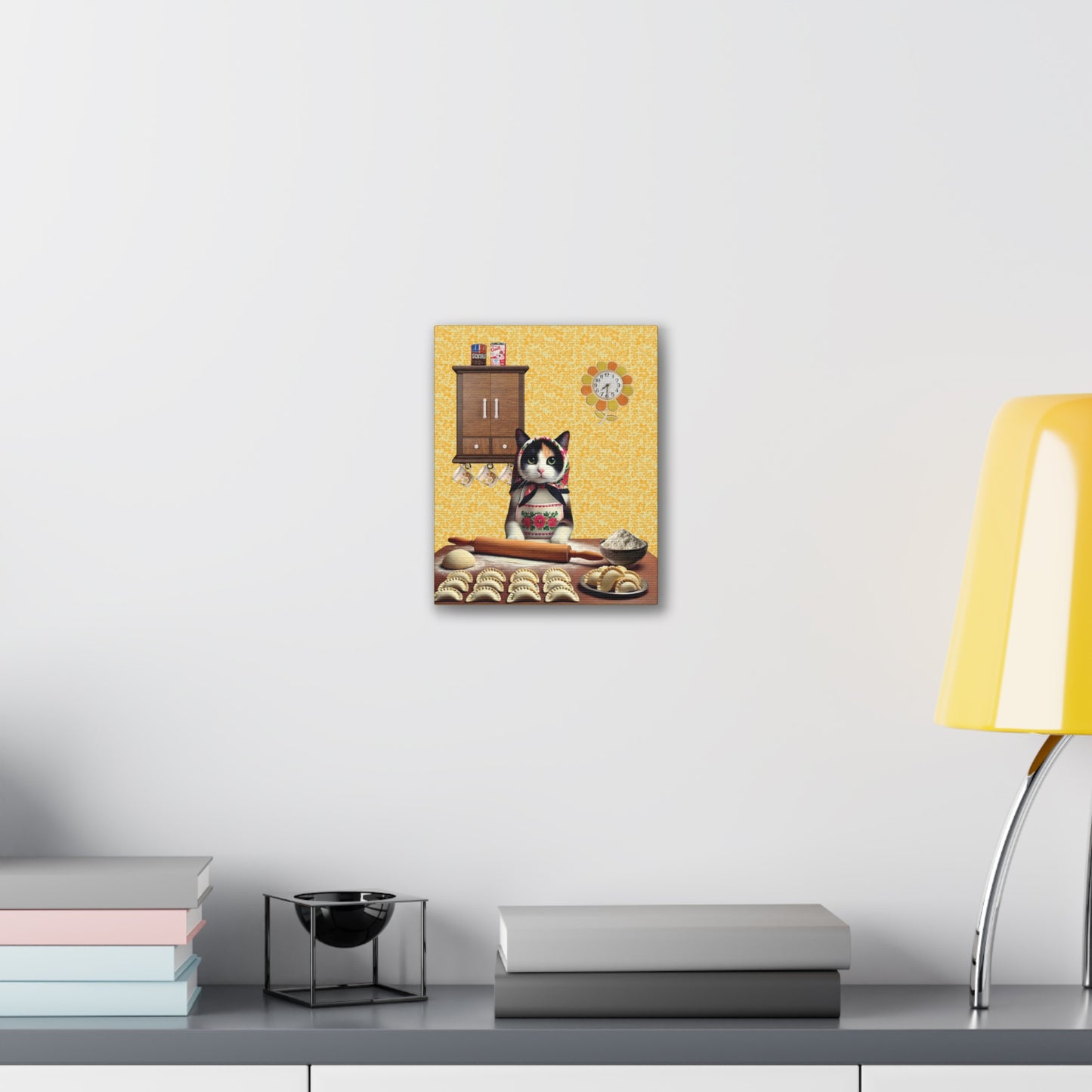 Babushka Cat Calico Cat Art, Polish Cat Makes Pierogi, Kitschy Cat Kitchen Wall Art, Canvas Wall Art, Nostalgic Art