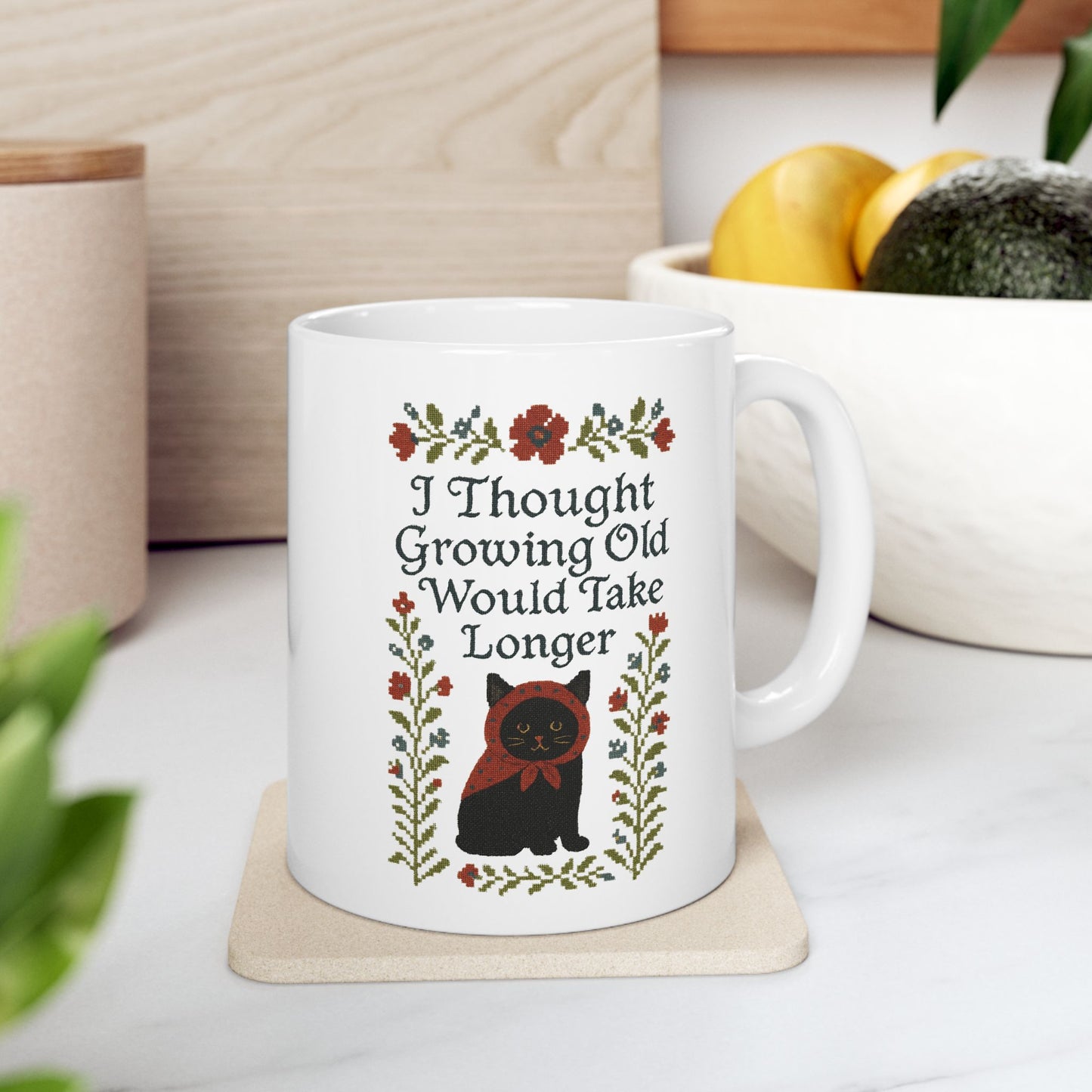 Babushka Black Cat Mug, Funny Aging Quote Cat Ceramic Mug - Faux Cross Stitch Look