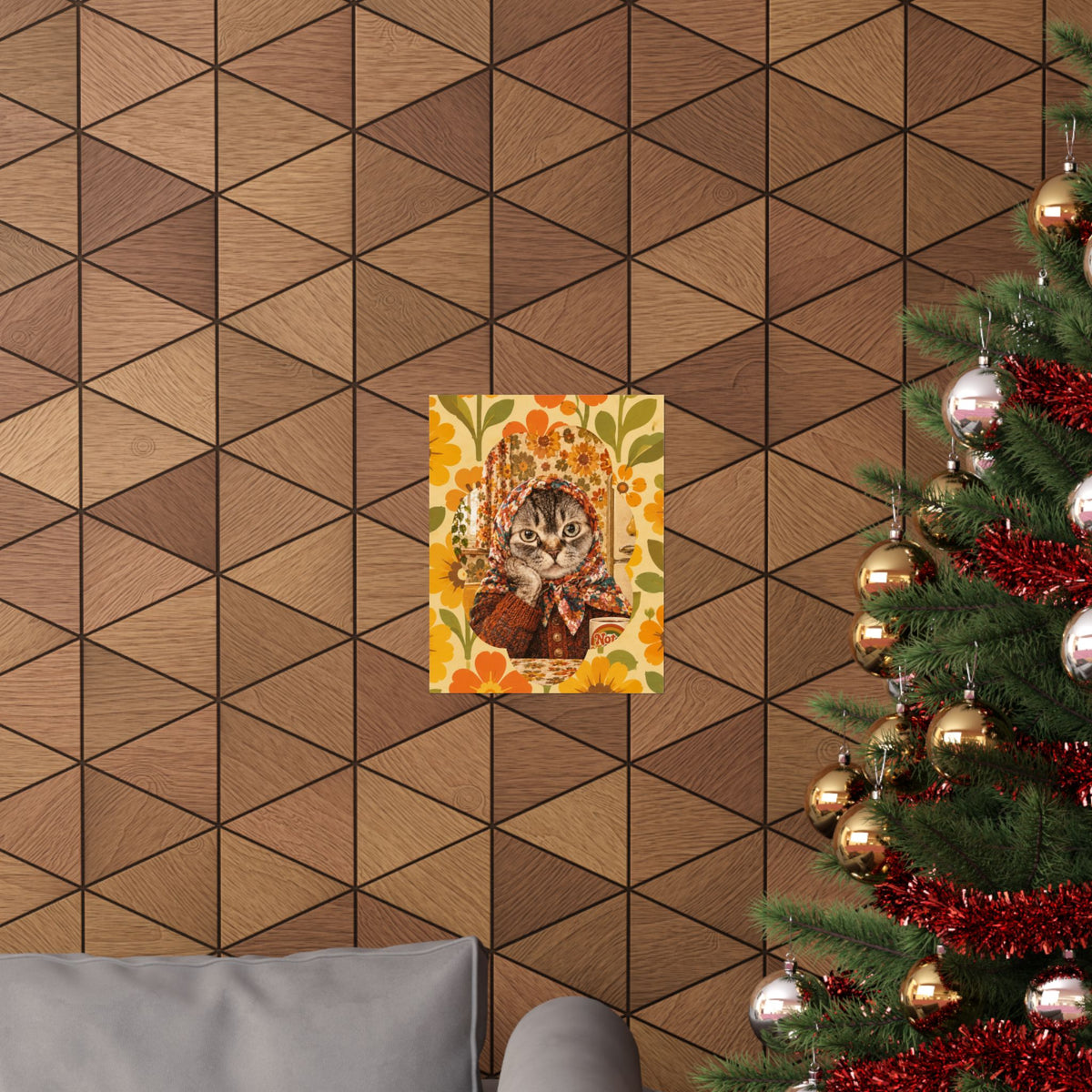Babushka Cat Contemplating Matte Vertical Poster Wall Art
