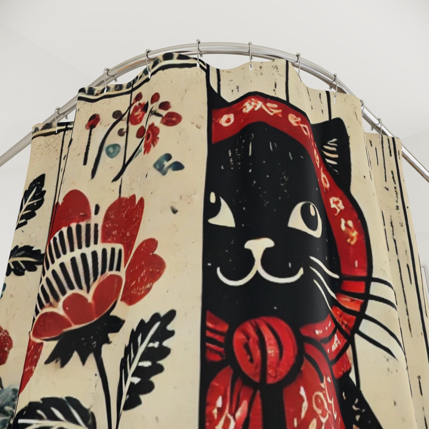 Babushka Cat, Primitive Art Cat Shower Curtains, Kitschy Bathroom Art