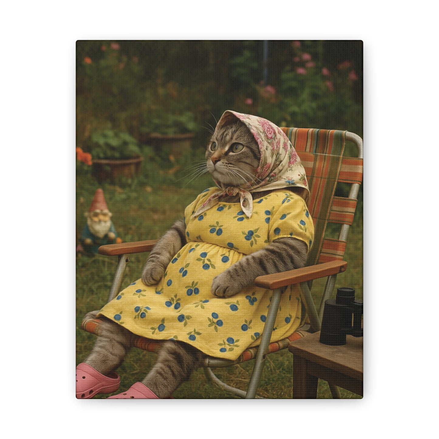Babushka Cat Backyard Birding, Nostalgic Kitschy Cat Art Canvas