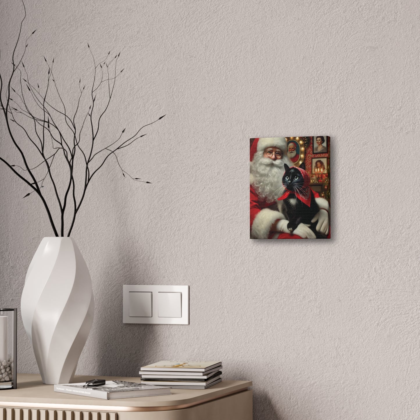 Christmas Babushka Cat, Black Cat Art, Kitty and Santa Kitschy Cat Wall Art, Canvas Wall Art, Nostalgic Art