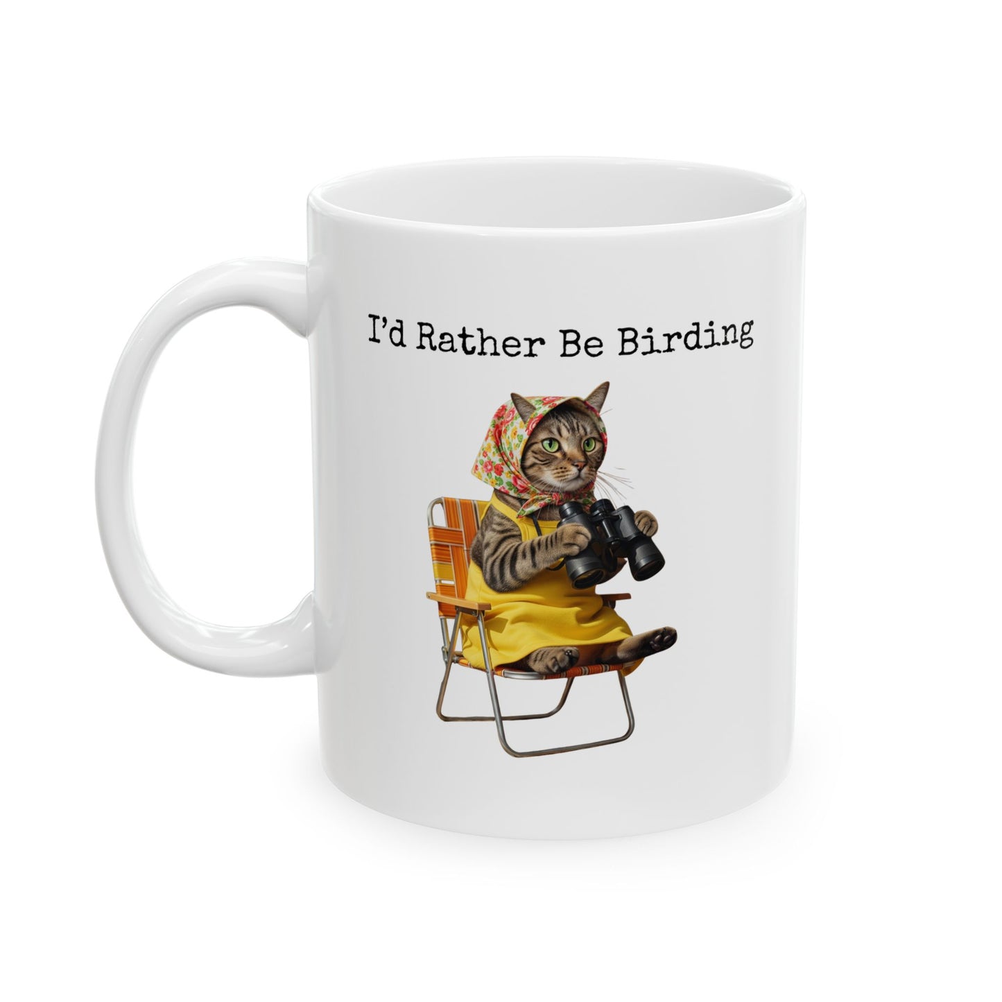 Babushka Cat Birdwatching Ceramic Mug – I'd Rather Be Birding Coffee Cup, Gift for Bird Lovers