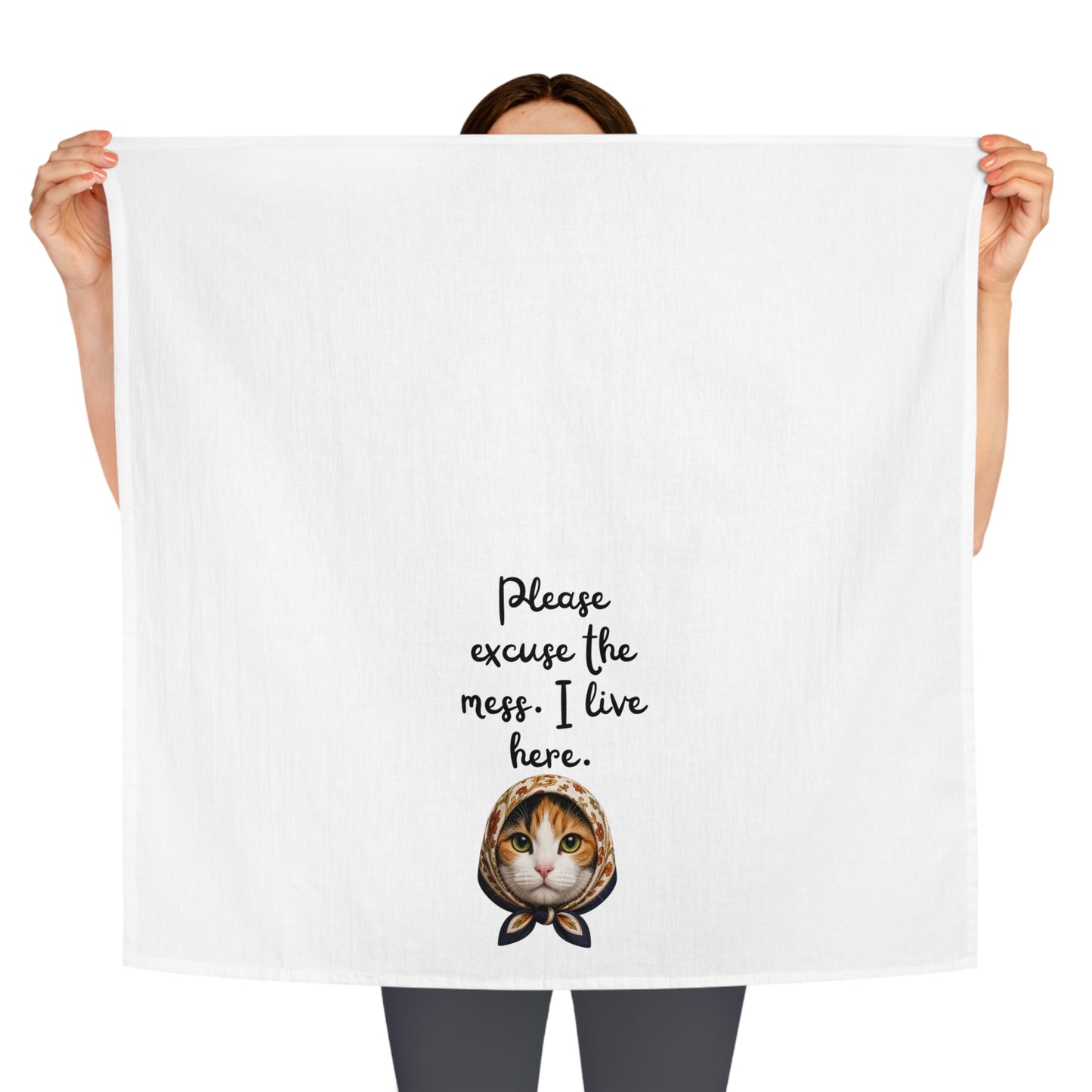 Babushka Cat Calico Kitty Cat Tea Towel