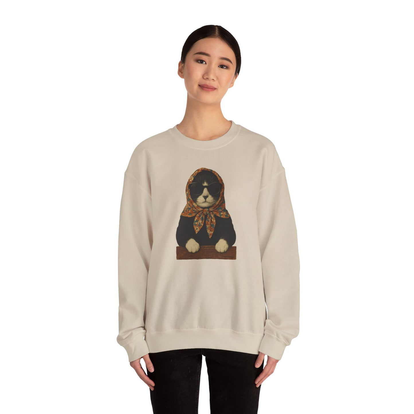 Babushka Cat, Tuxedo Cat Sweatshirt - Unisex Crewneck Pullover with Polish Cat Print