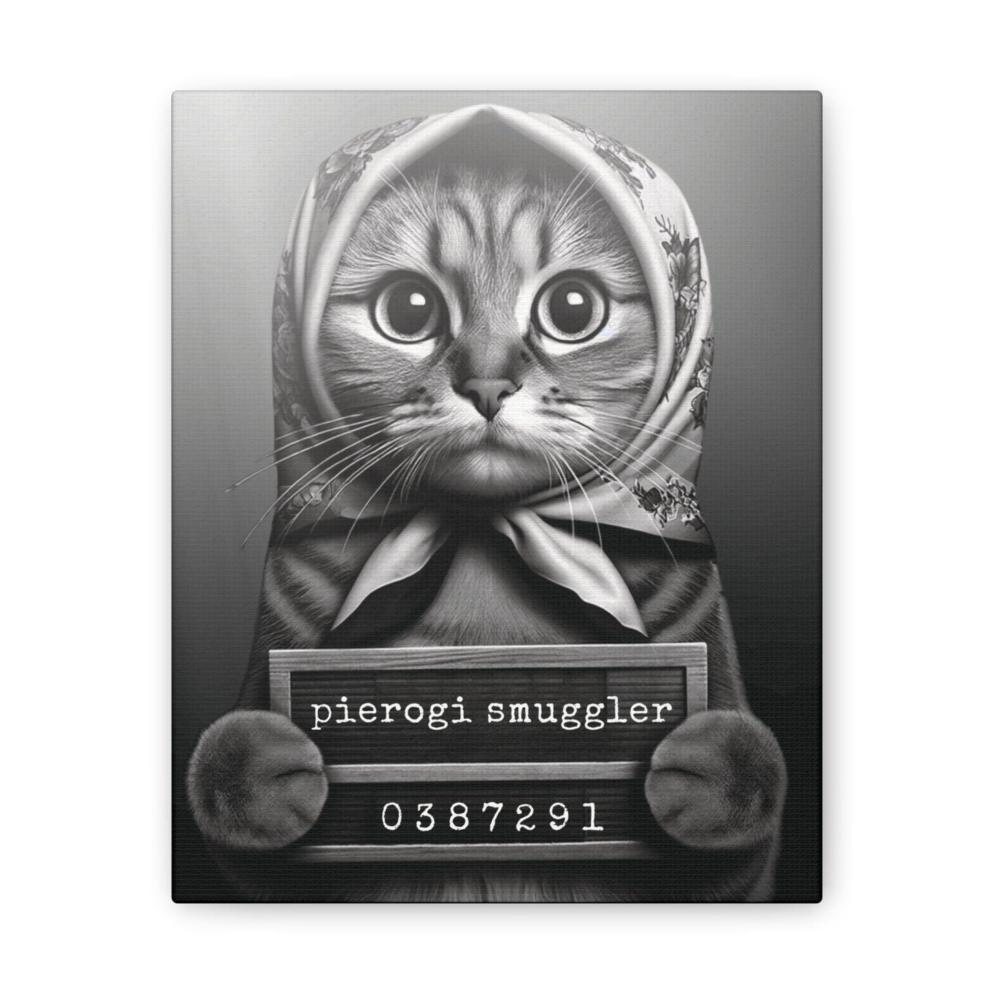 Babushka Cat Smug Shot, Pierogi Smuggler Black and White Wall Art