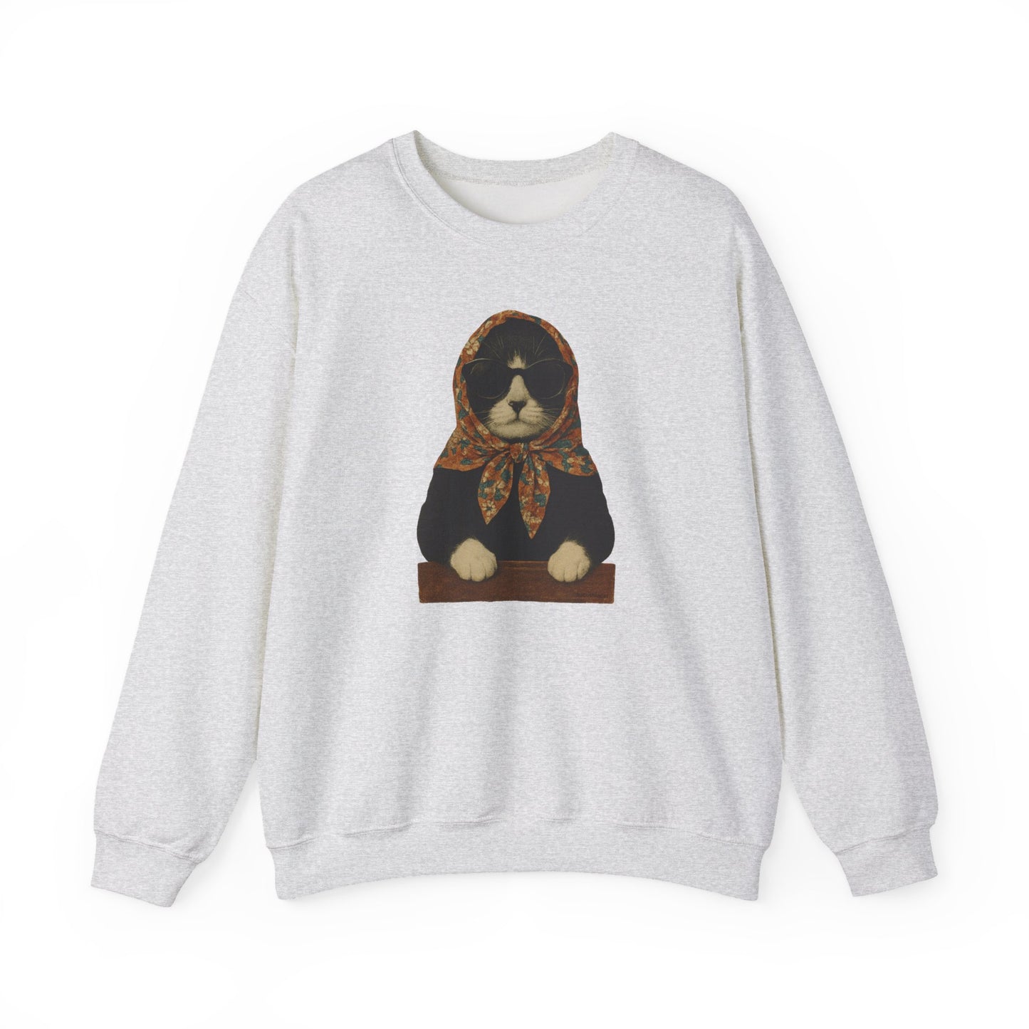 Babushka Cat, Tuxedo Cat Sweatshirt - Unisex Crewneck Pullover with Polish Cat Print
