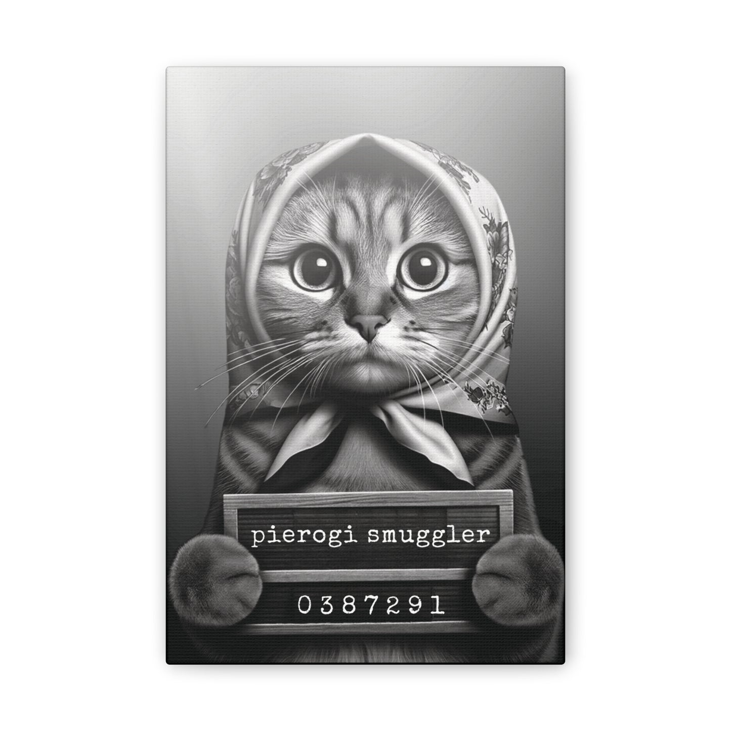 Babushka Cat Smug Shot, Pierogi Smuggler Black and White Wall Art