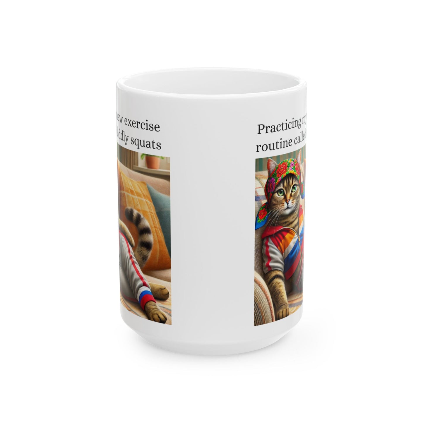 Babushka Cat Exercises, Funny Kitschy Ceramic Mug