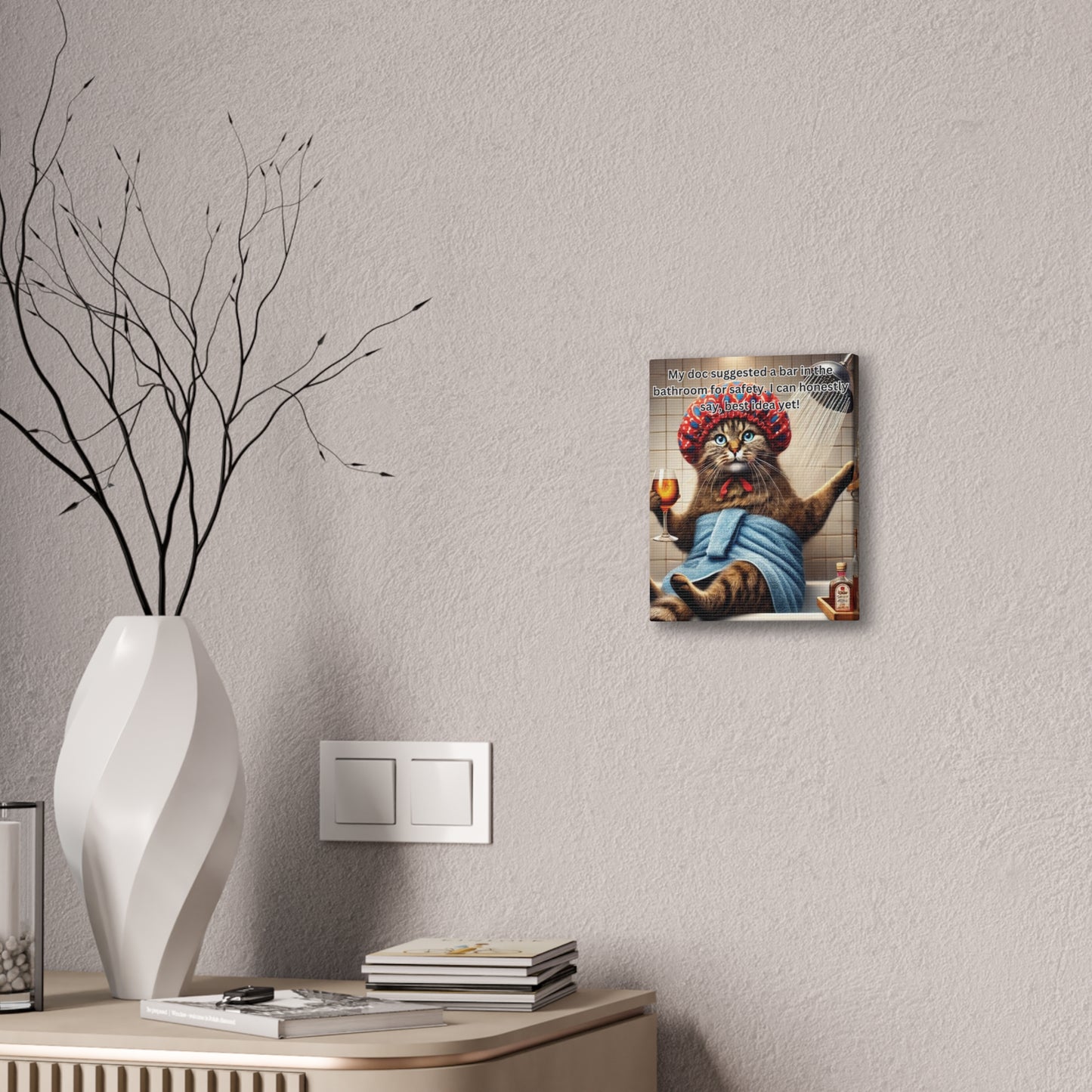 Babushka Cat Bathroom Wall Art, Kitschy Cat Art Canvas