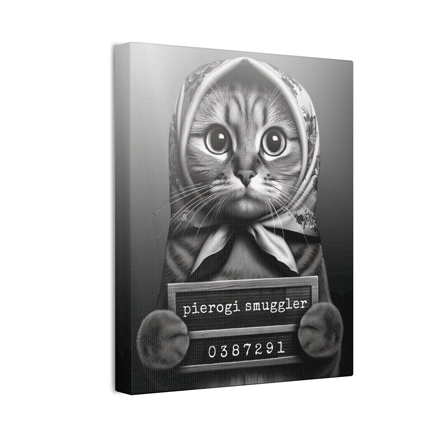Babushka Cat Smug Shot, Pierogi Smuggler Black and White Wall Art