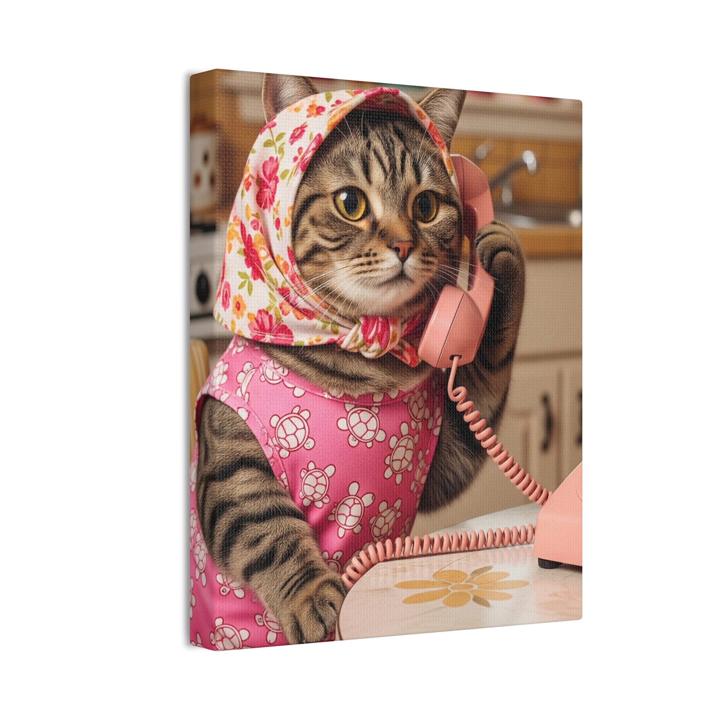 Babushka Cat Dials Up Kitschy Canvas Wall Art