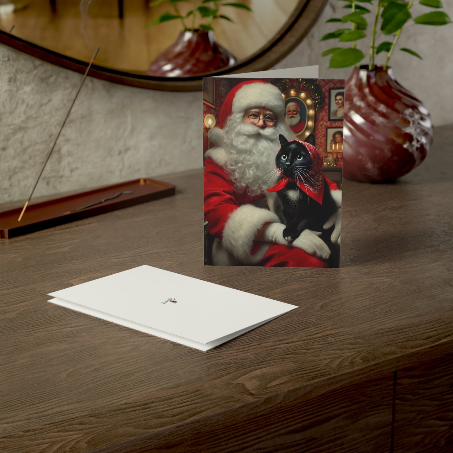 Babushka Cat-Charming Black Cat with Santa, Christmas Greeting Cards Set of 10