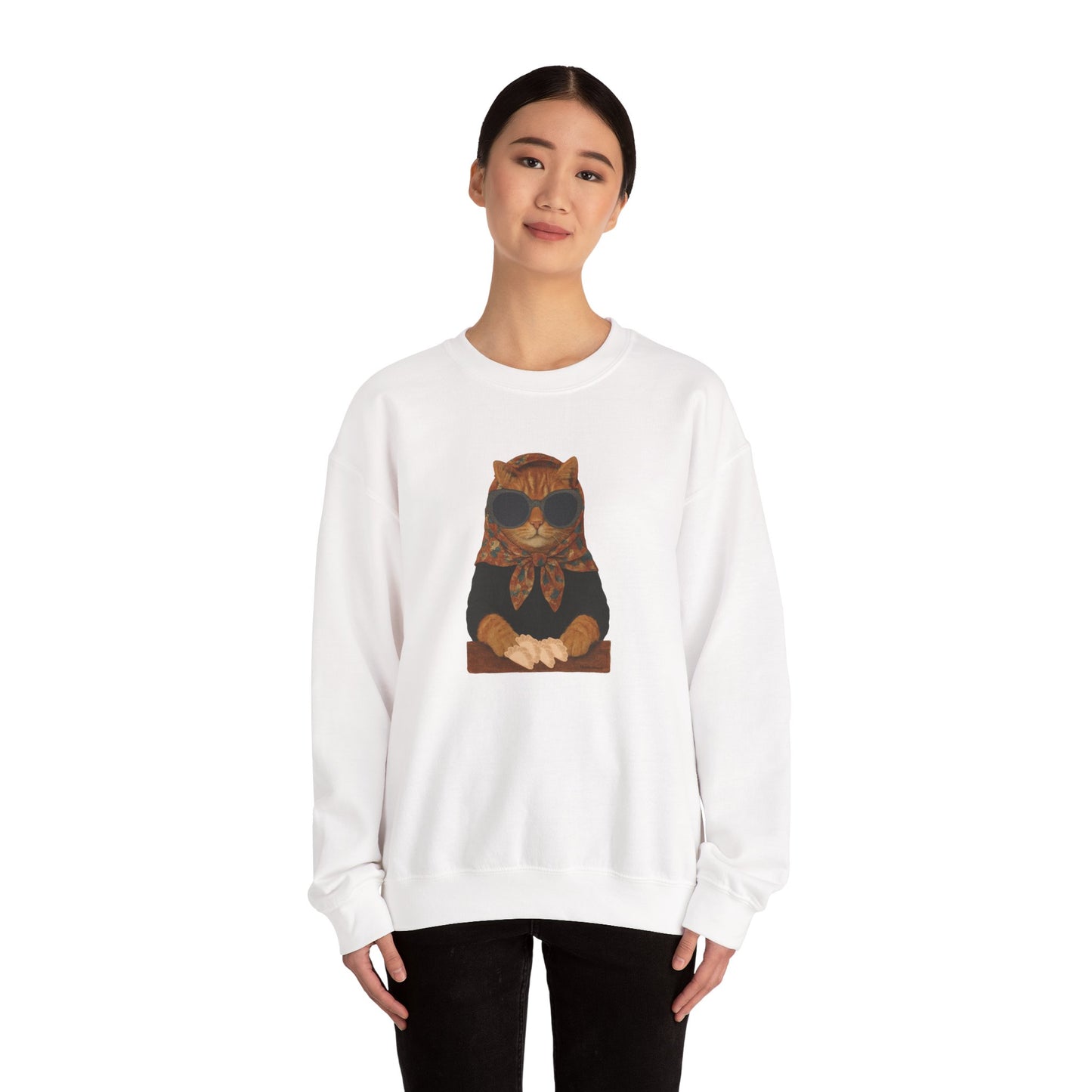 Babushka Cat Sweatshirt - Unisex Crewneck Pullover with Polish Cat Print