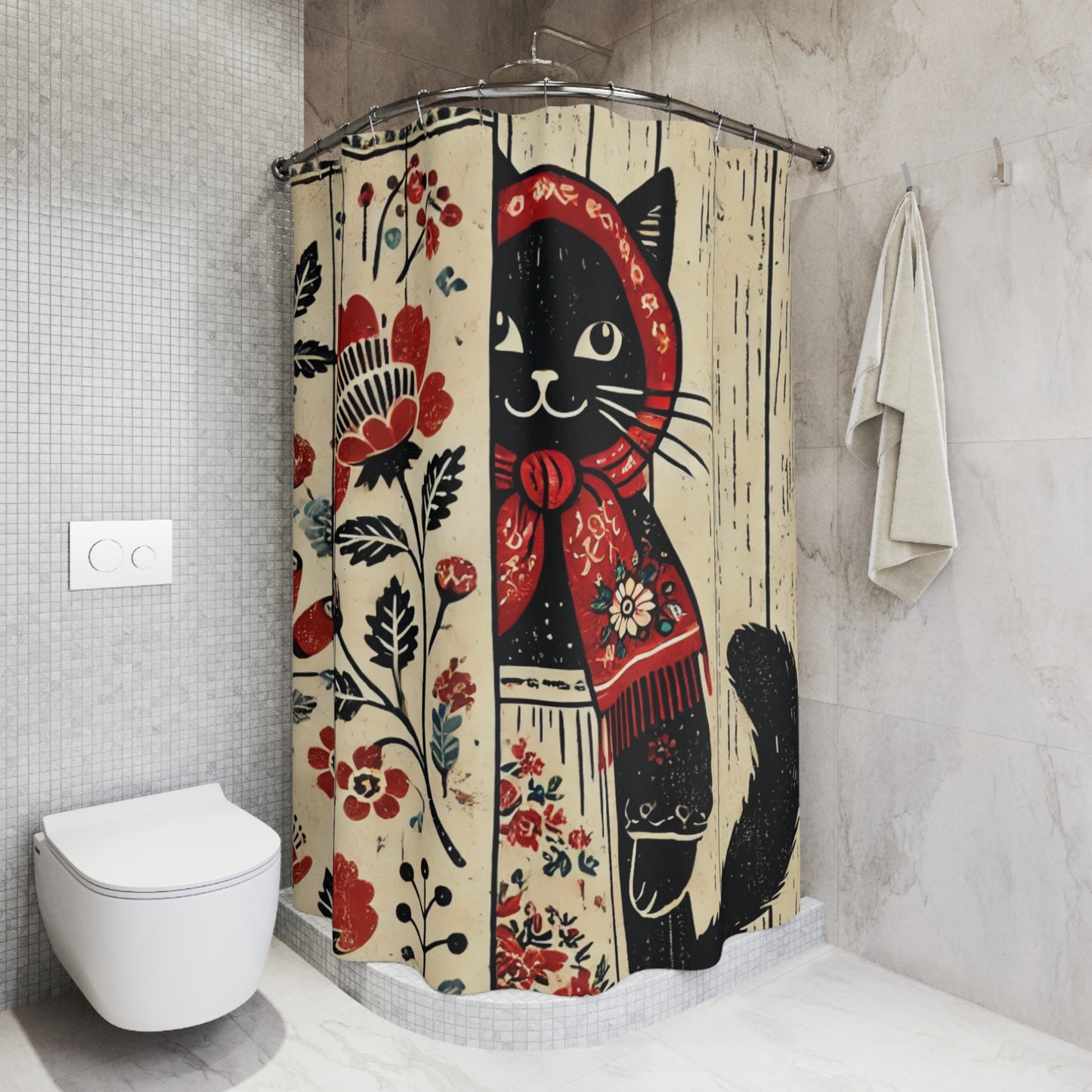 Babushka Cat, Primitive Art Cat Shower Curtains, Kitschy Bathroom Art