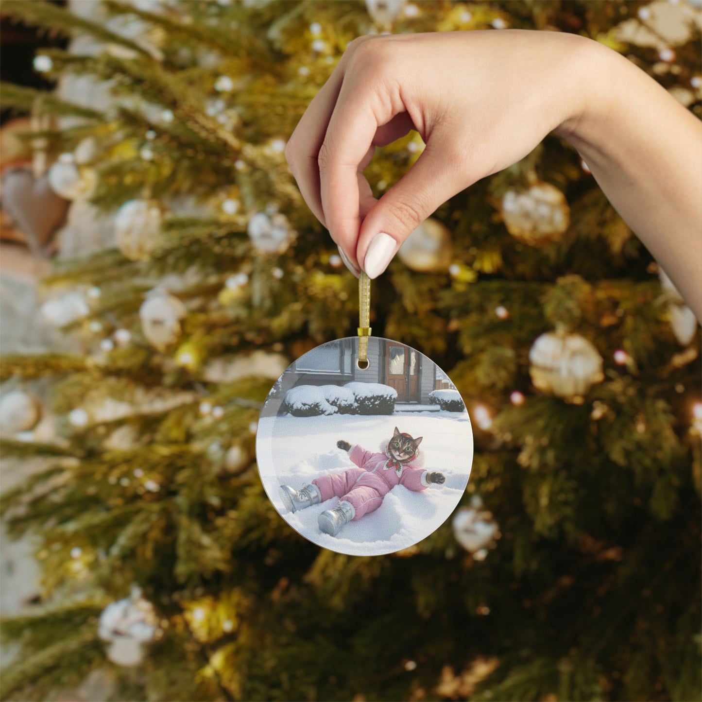 Babushka Cat Snow Angel Glass Ornament