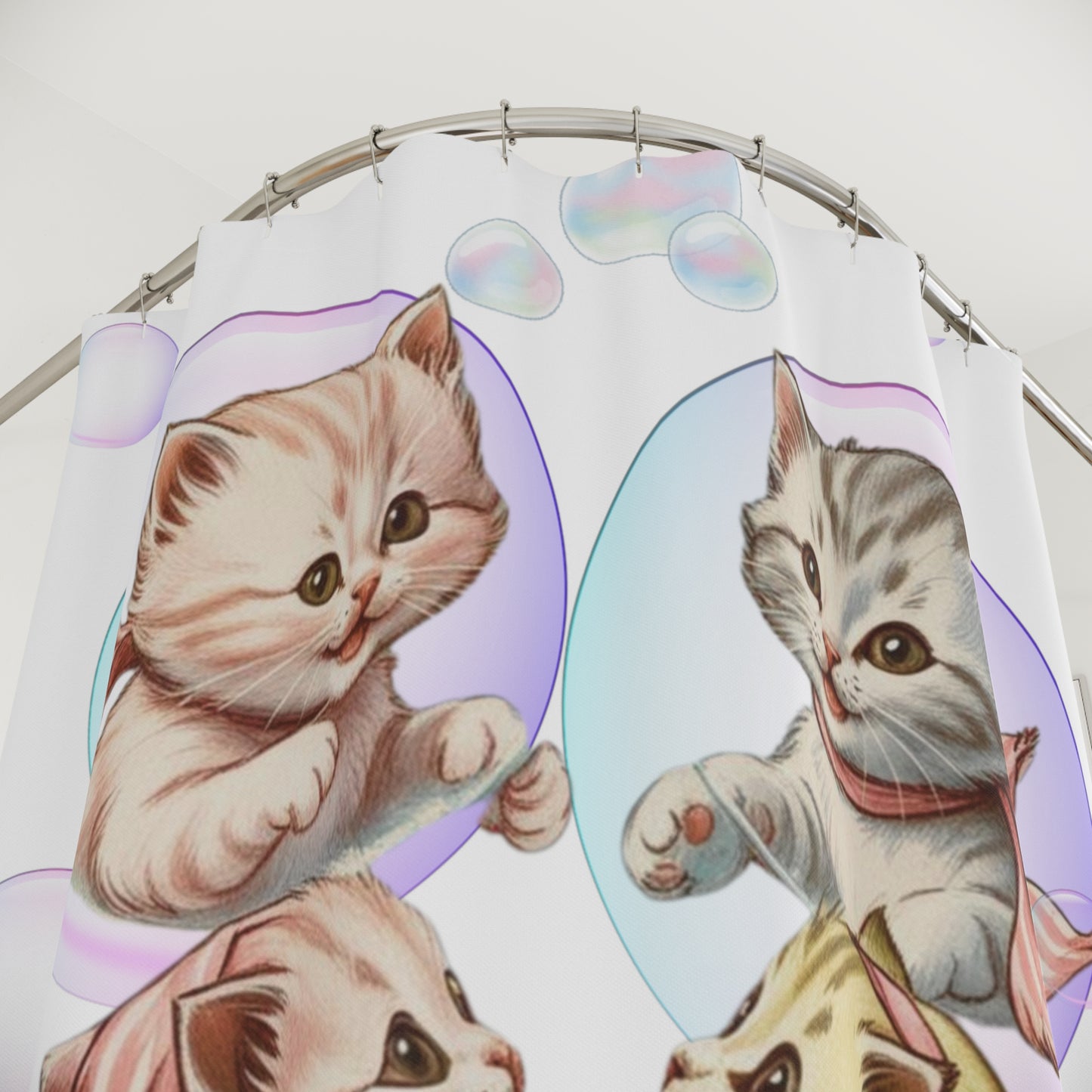 Vintage Kittens and Bubbles, Cat Theme Shower Curtains, Kitschy Bathroom Art