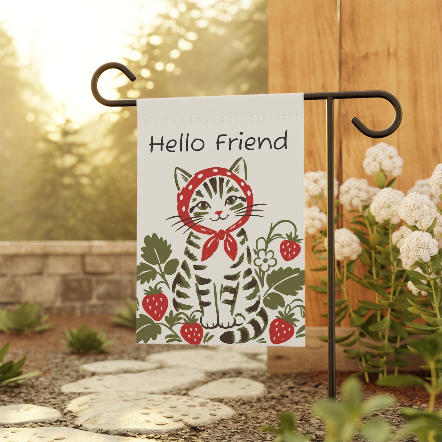 Babushka Cat Strawberry Hello Friend Garden Flag (no pole)