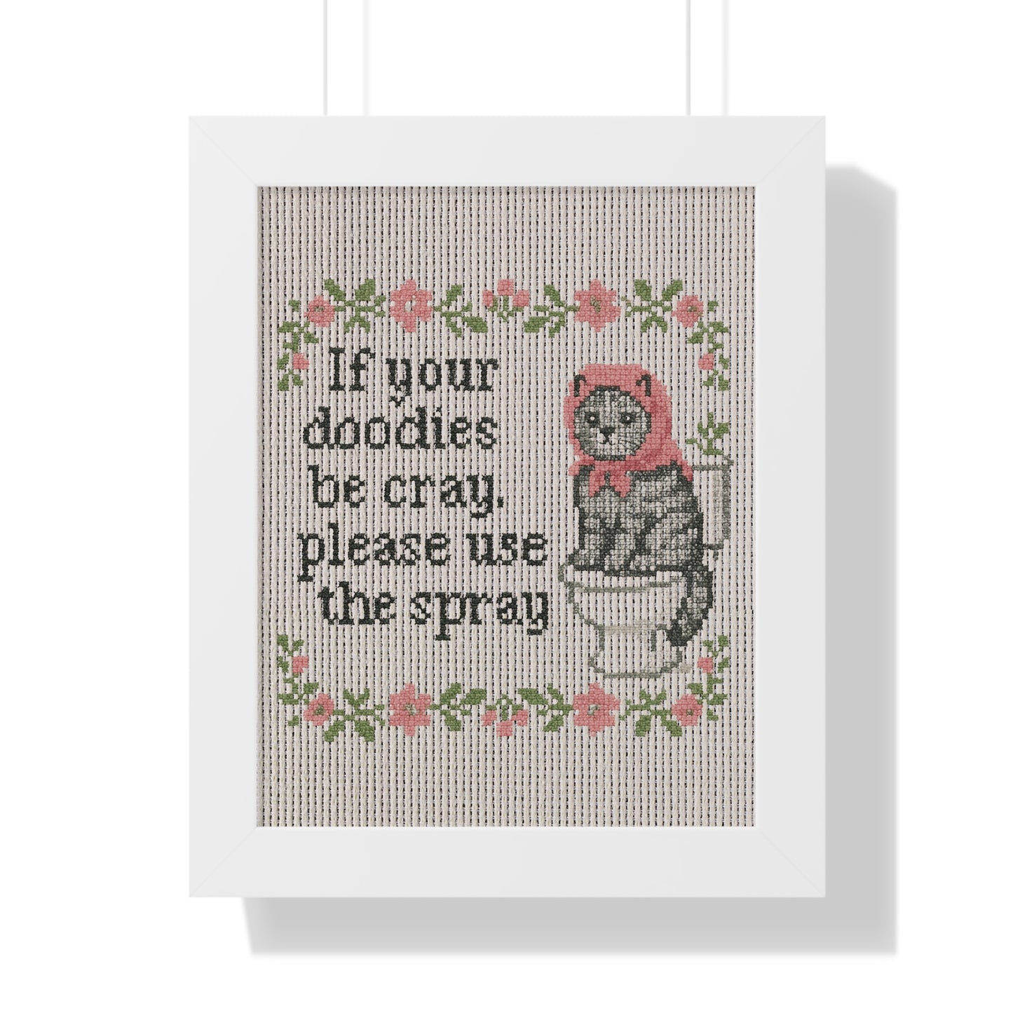 Babushka Cat Bathroom Faux Cross Stitch Poster Art for Home Decor