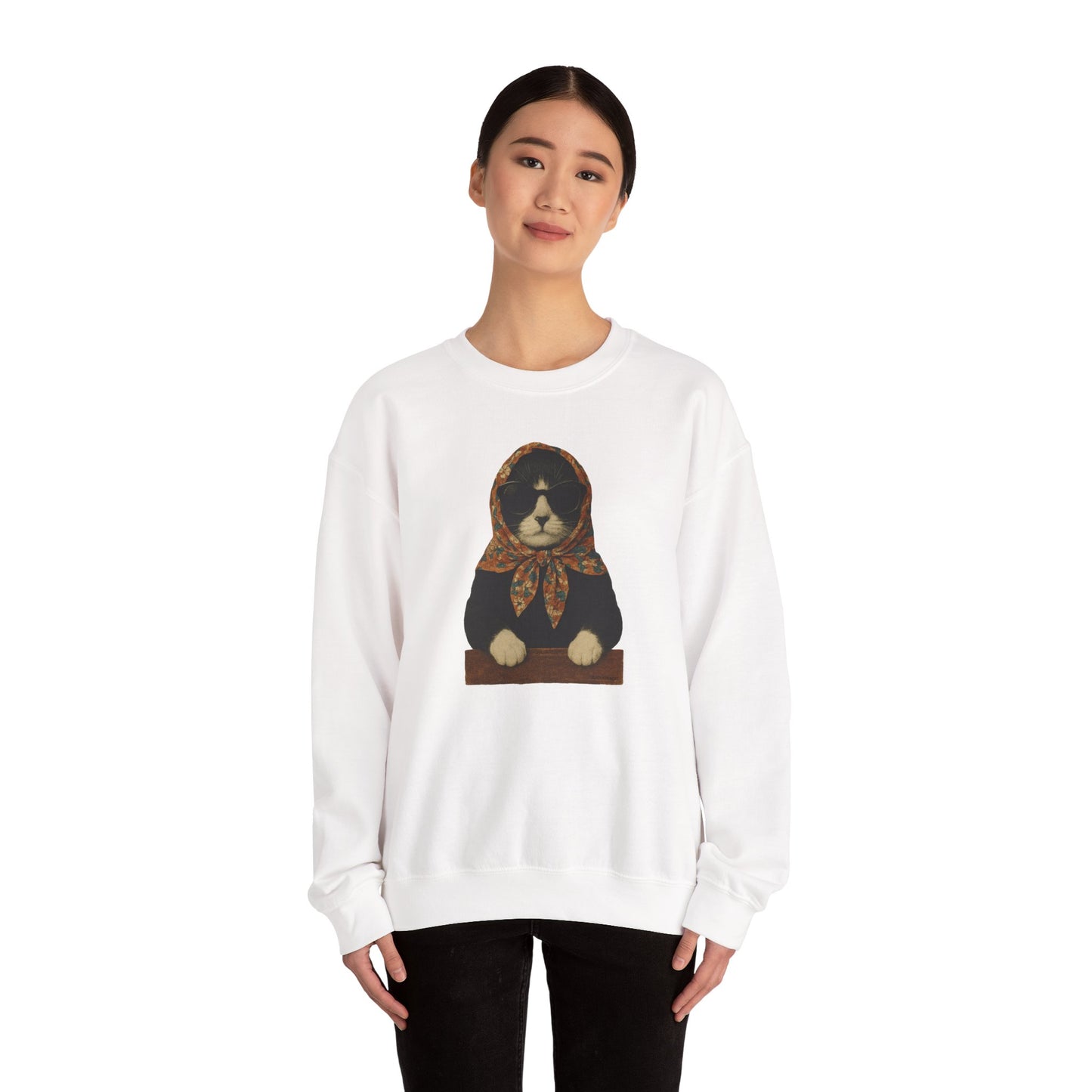 Babushka Cat, Tuxedo Cat Sweatshirt - Unisex Crewneck Pullover with Polish Cat Print