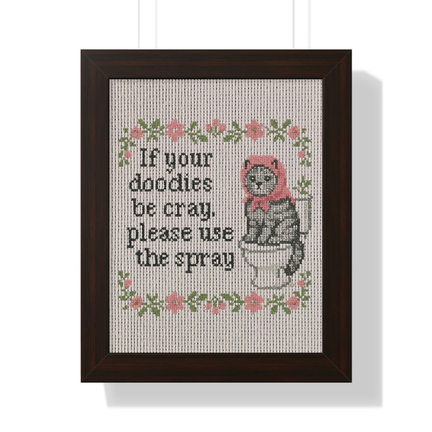 Babushka Cat Bathroom Faux Cross Stitch Poster Art for Home Decor