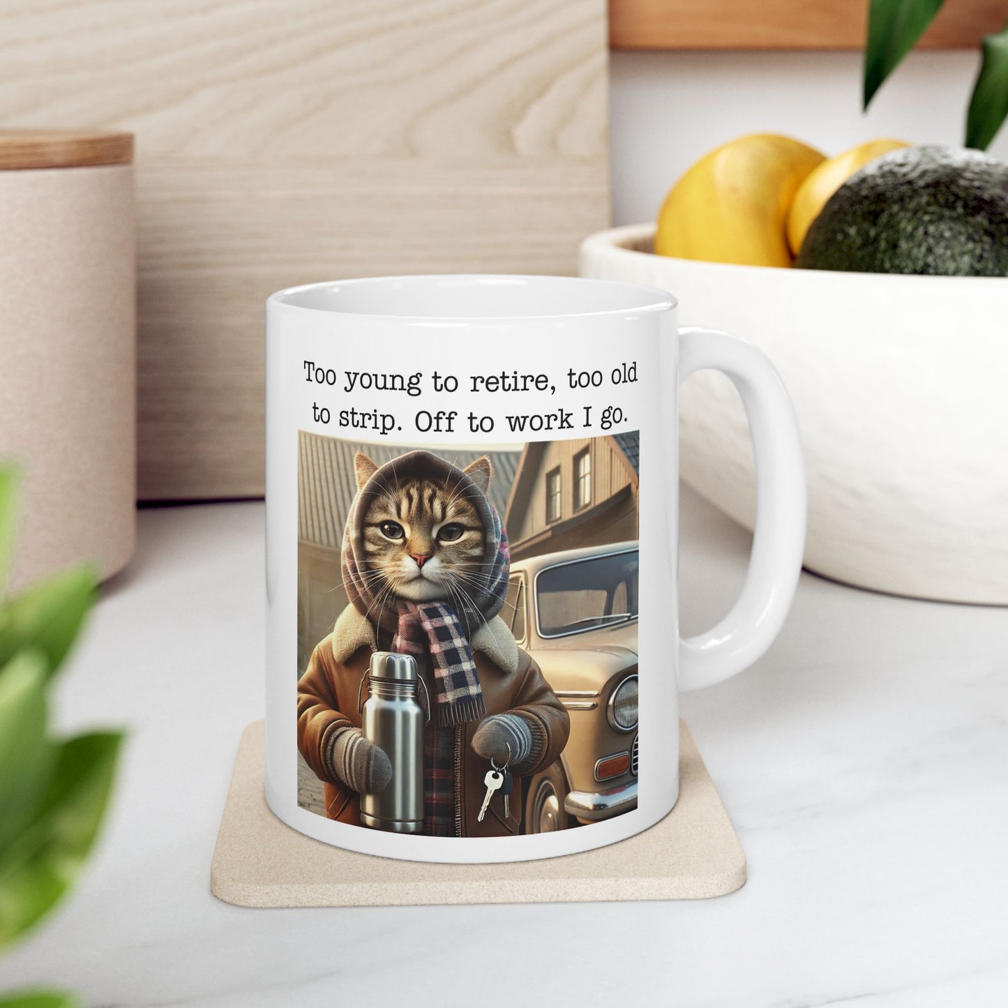 Babushka Cat Goes to Work Funny Kitschy Ceramic Mug